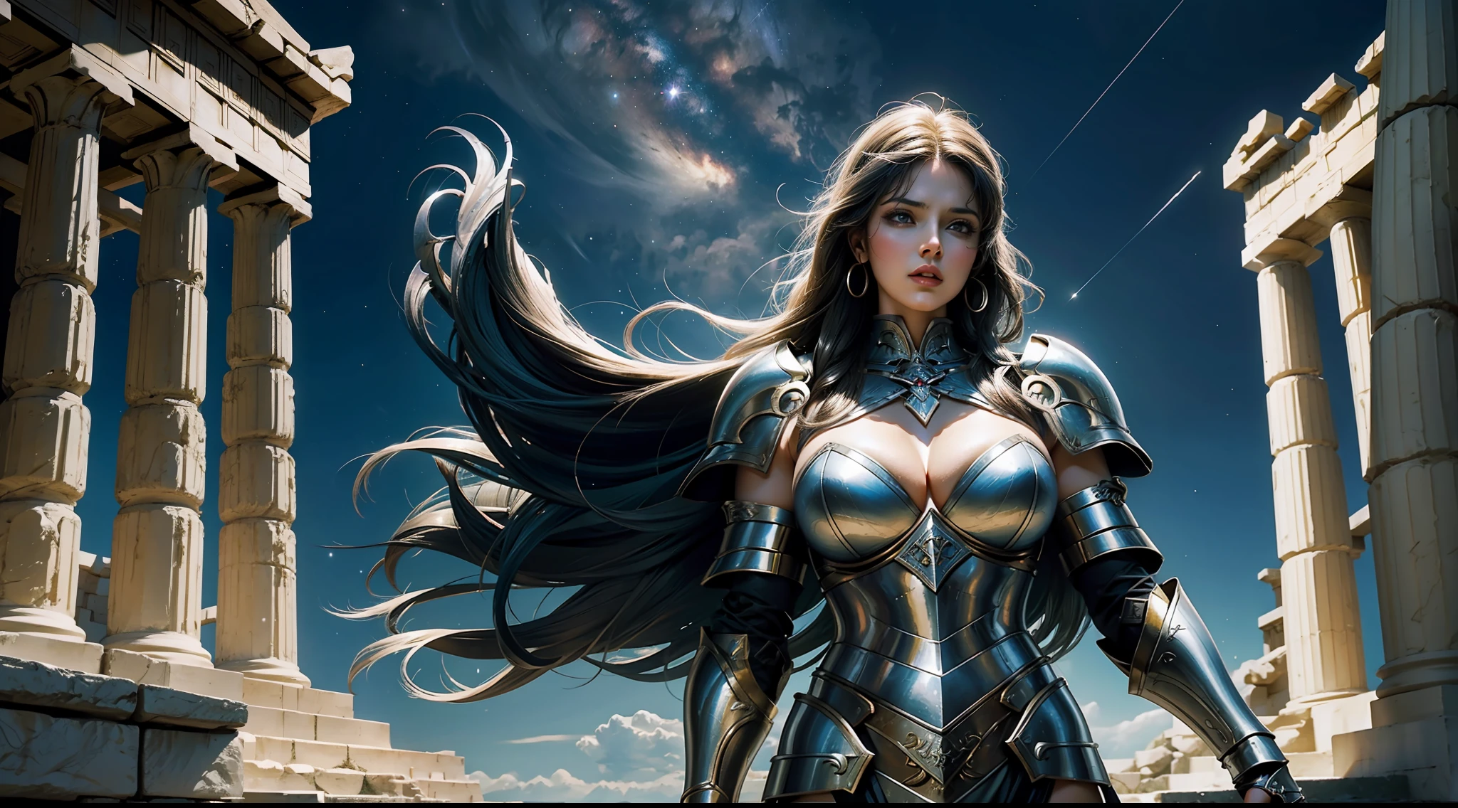 greek temple，Mature woman，Large breasts，Heavy armor，dynamicposes，dramatics，A high resolution，photorealestic，best qualityer，Starcloud，galactic，magia，half-body shots