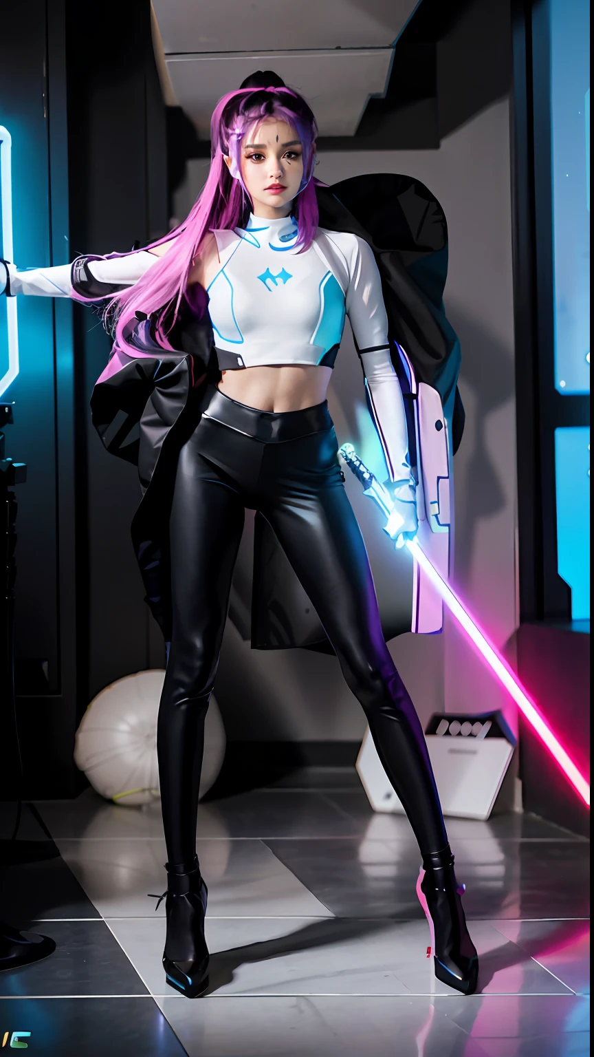 woman holding a sword in a room, ariana grande as a sith, in the style of sifu 🔥 😎 🕹️ 👀 :2, wearing futuristic clothing, ariana grande in star wars, neon edges on bottom of body, tight outfit, futuristic attire, 3 d neon art of a womens body, laserpunk fullbodysuit, she is dancing. realistic