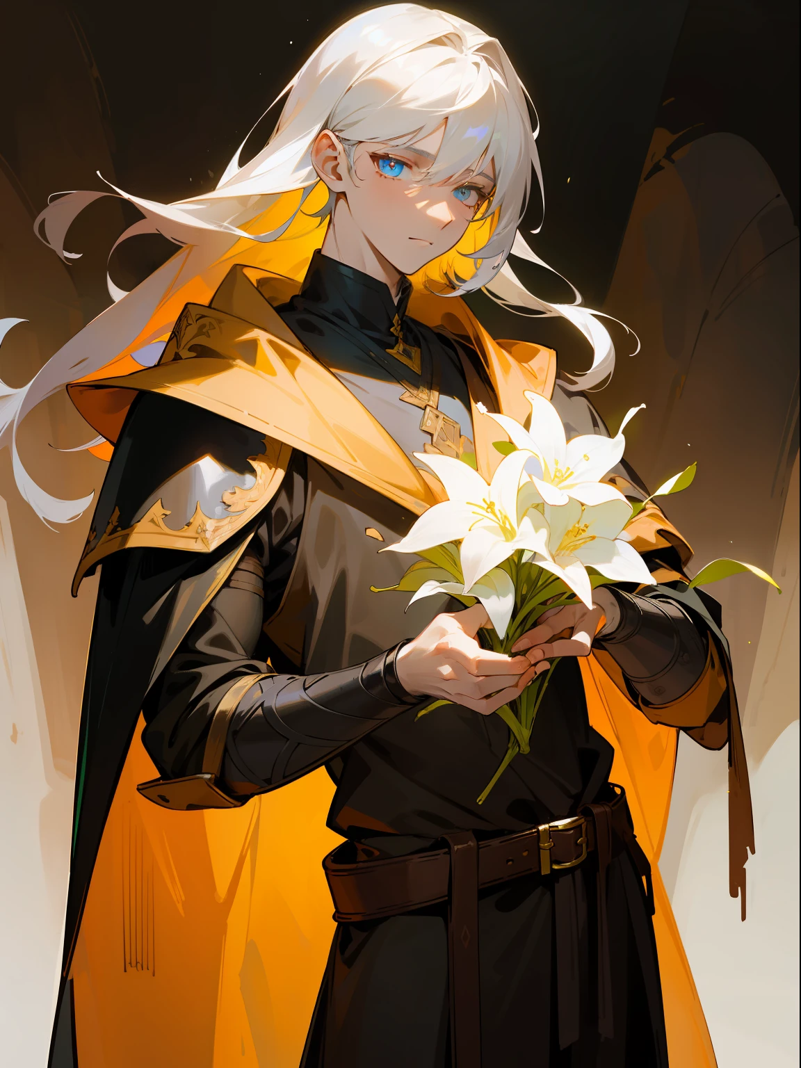 A young man collecting beautiful, dimly glowing flowers that bloom in caves with faintly glowing ore in places. He has a beautiful face and colorful, shining eyes. He is dressed in leather armor with a cloak over it. The pale light of the cave is fantastic. Detailed drawings. Vivid colors. High image quality.1boy,matured male