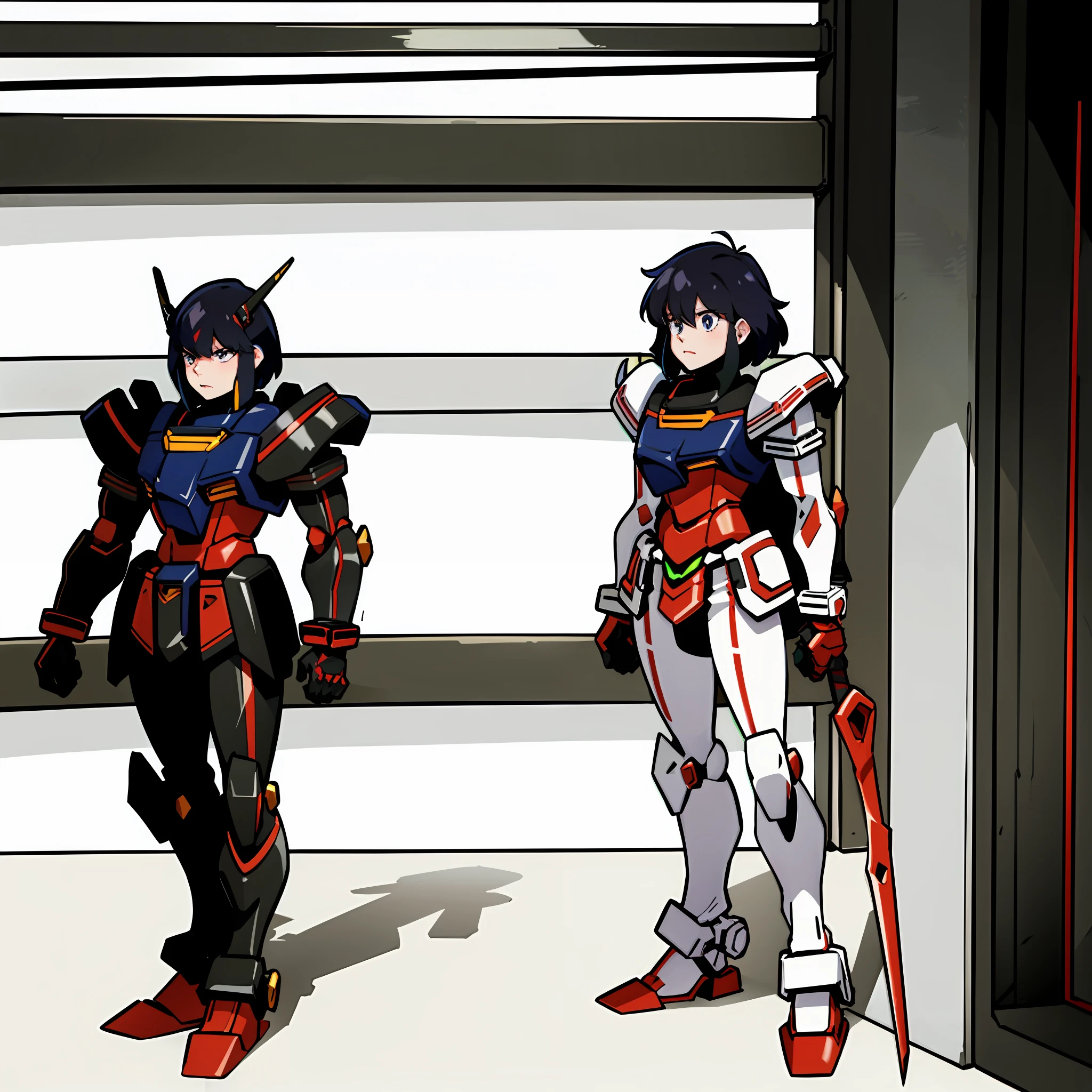 An anime character heavily encased in heavy armor wielding a weapon (arm-mount sword) standing in a room, gurren lagan, in mecha cyber armor, anime mech armor, attractive, covered in full metal armor, modern mecha anime, heavy black gundam armor, cool mecha style, ssss.gridman armor, black and red with white accents, slightly muscular, large red shoulder cape draped over shoulder, Heavy black armored arms and legs, white chest, black and red armored legs, black and red armored arms, white armored hands
