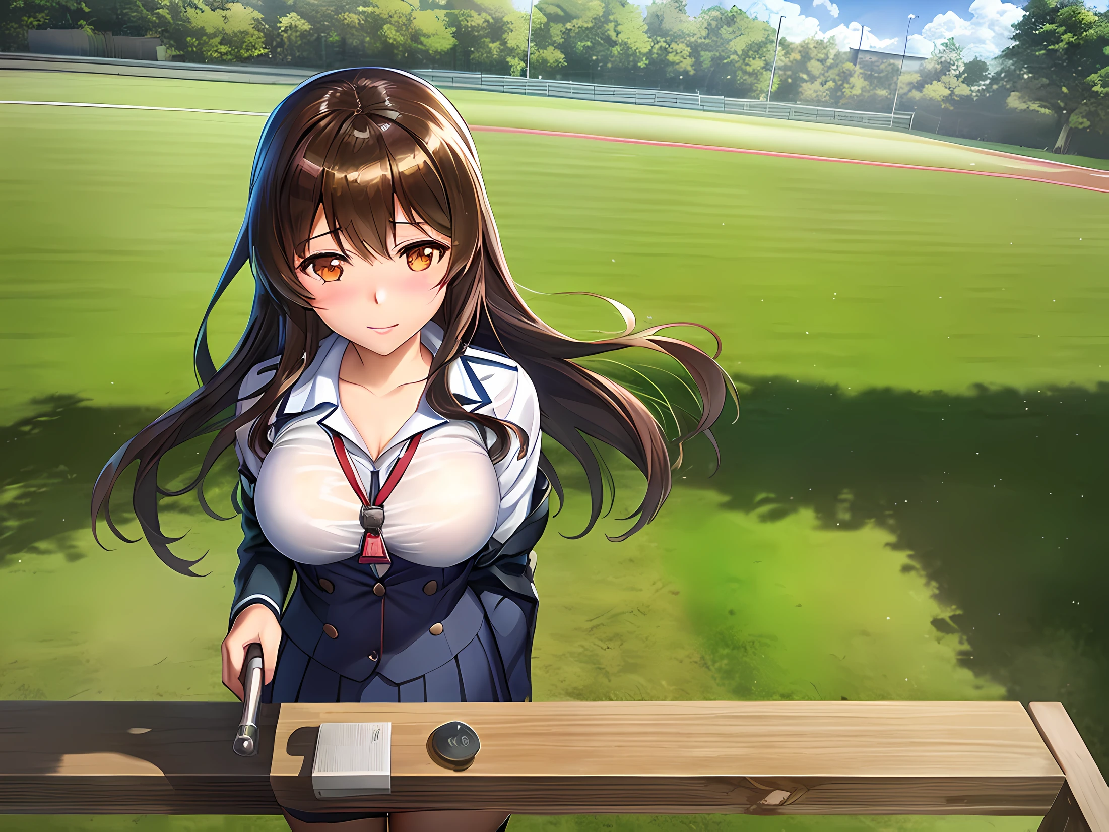 Anime girl in uniform standing in the field, beautiful anime high school girl, Kantai Collection Style, visual novel cg, marin kitagawa fanart, Smooth Anime CG Art, nagatoro, visual novel key visual, anime moe art style, Realistic Schoolgirl, girls frontline cg, Ecchi anime style, ; visual novel, from girls frontline