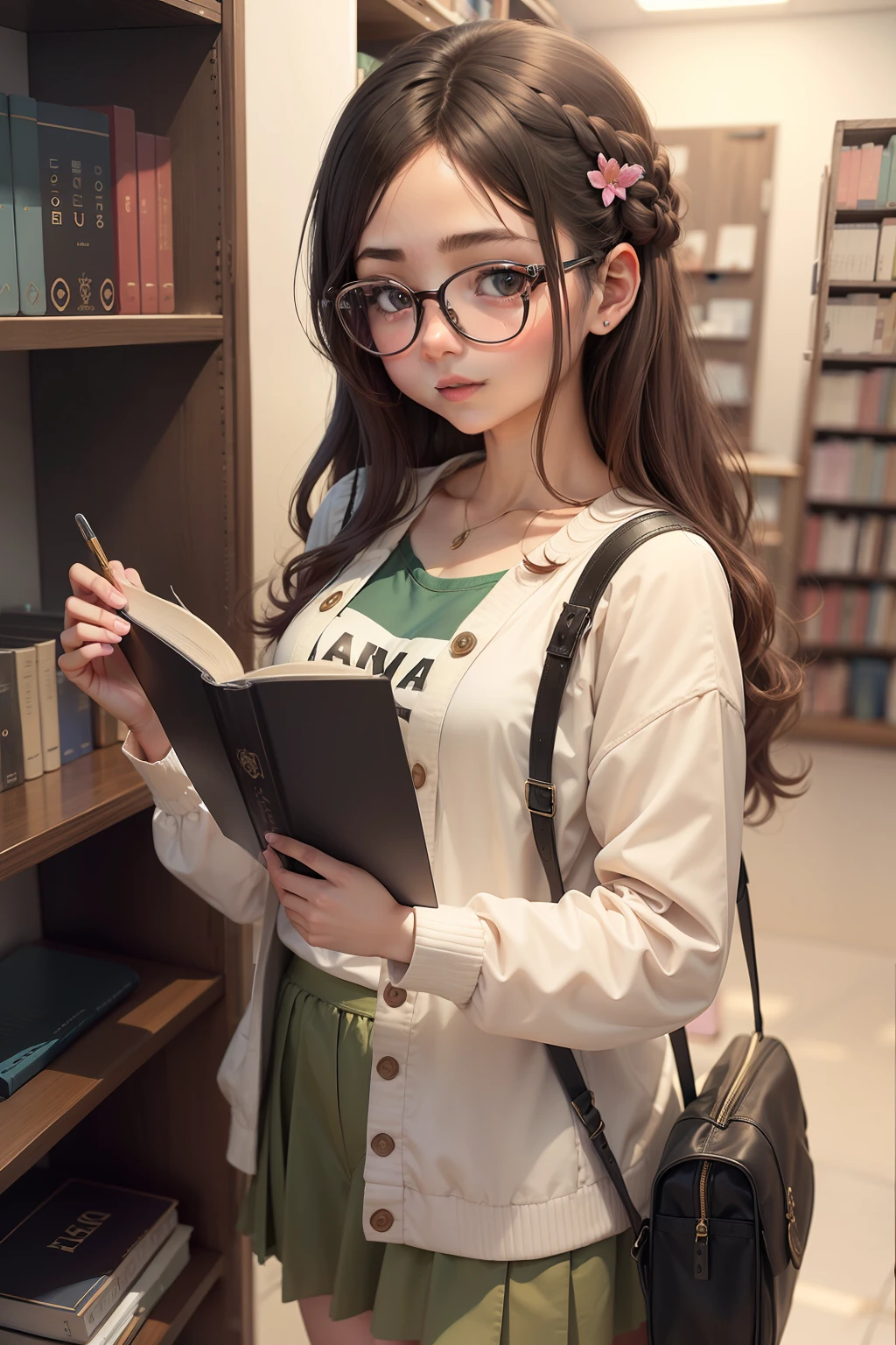There's a young woman picking up a book on the shelf , girl wearing round glasses, usando avental, girl with glasses, pintura realista da bonito, wearing small round glasses, biblioteca, wearing medium - sized glasses, menina e bonito, Fubuki, kawaii retrato realista, young asian girl, menina anime