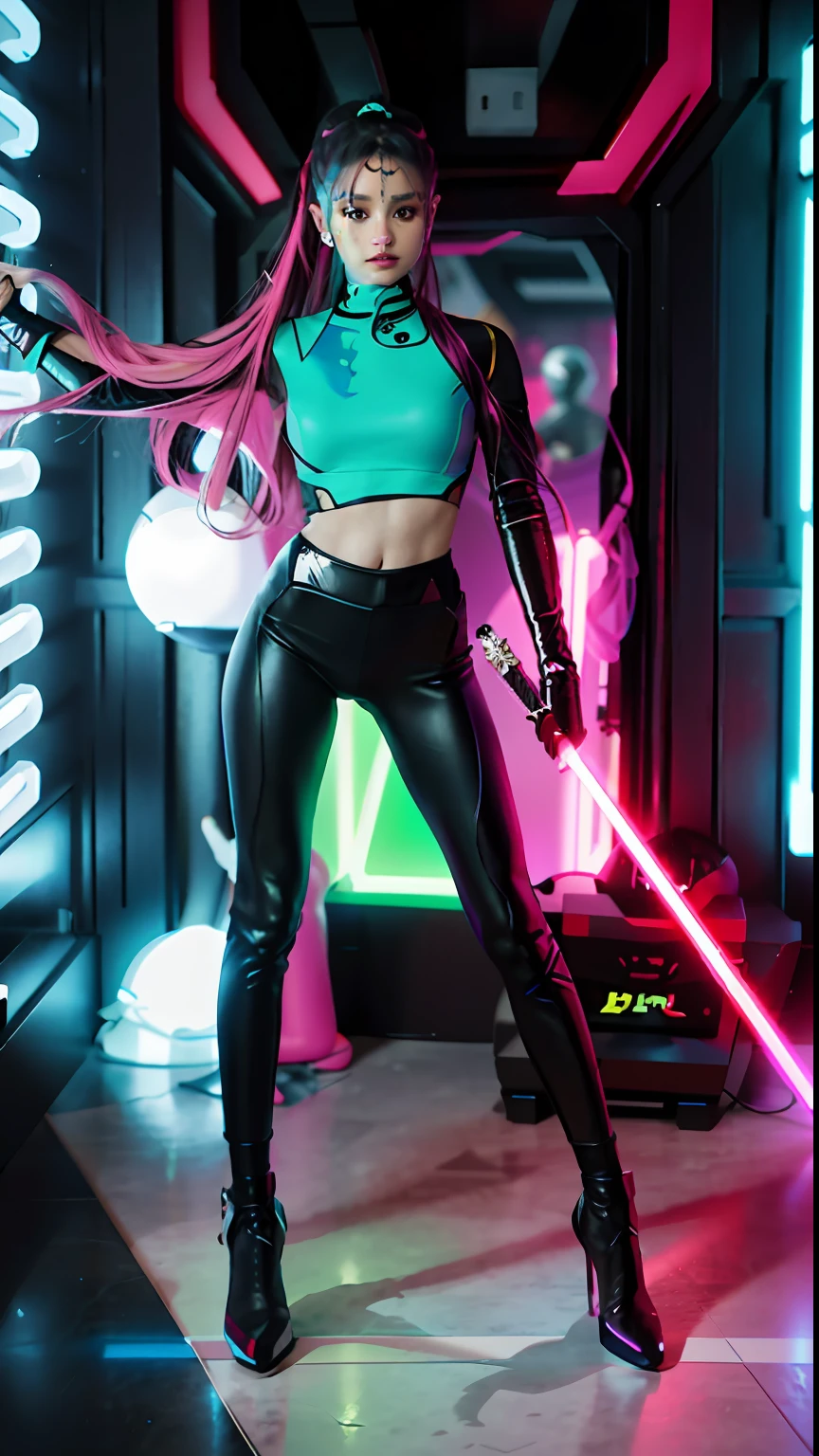 woman holding a sword in a room, ariana grande as a sith, in the style of sifu 🔥 😎 🕹️ 👀 :2, wearing futuristic clothing, ariana grande in star wars, neon edges on bottom of body, tight outfit, futuristic attire, 3 d neon art of a womens body, laserpunk fullbodysuit, she is dancing. realistic