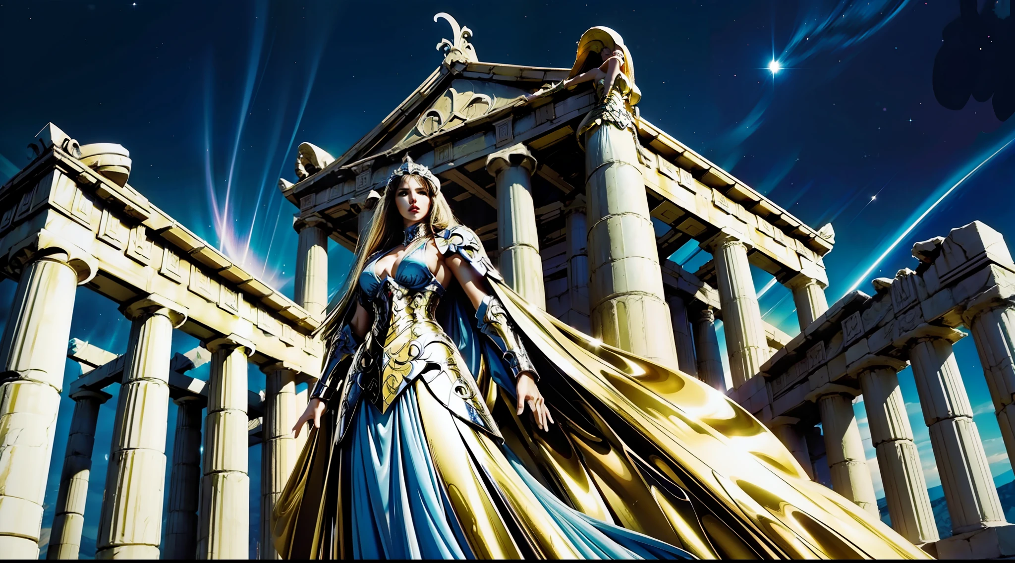 greek temple,Mature woman,Large breasts,Heavy armor,dynamicposes,dramatics,A high resolution,photorealestic,best qualityer,Starcloud,galactic,magia,half-body shots