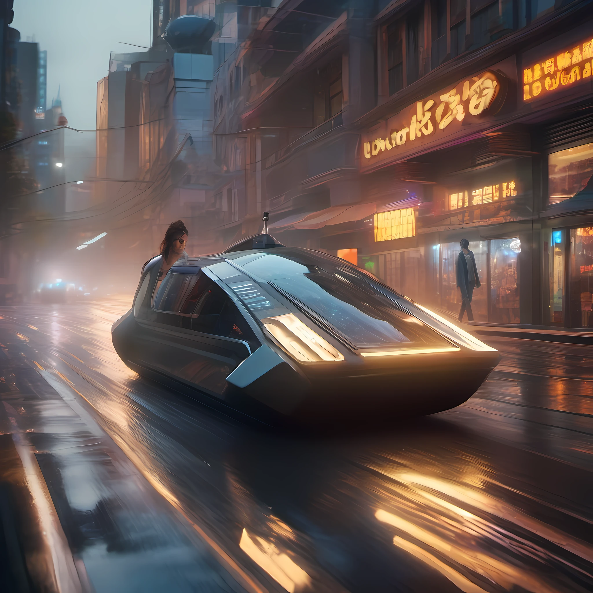 a brunette female running across the street to an open door on small angular luxury hovercraft, futuristic road with two thin bars of light bordering the street, tall and colorful buildings all around reflecting from the asphalt, water vaporizes under hovercraft from heat, raining out, sci fi futuristic scene, city, knee level shot, cinematic lighting, backlighting, dark