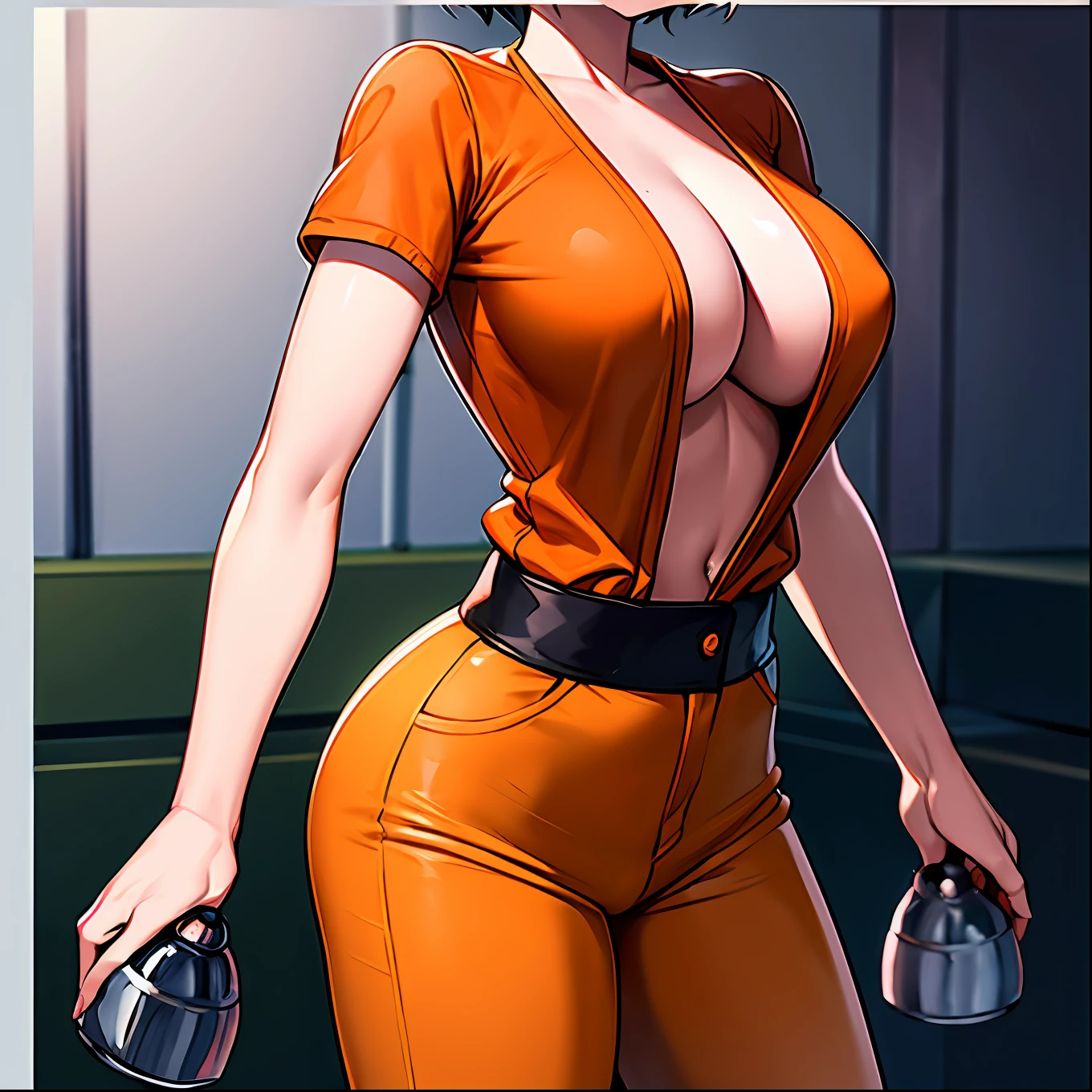 Arota anime with short white hair on the bangs and black back with large breasts wearing orange shirt and orange pants, in prison, in a prison cell, na cadeia, wearing orange prison jumpsuit, com cara de brava, prison jumpsuit, prisioneira, in a prison cell, with prison clothing