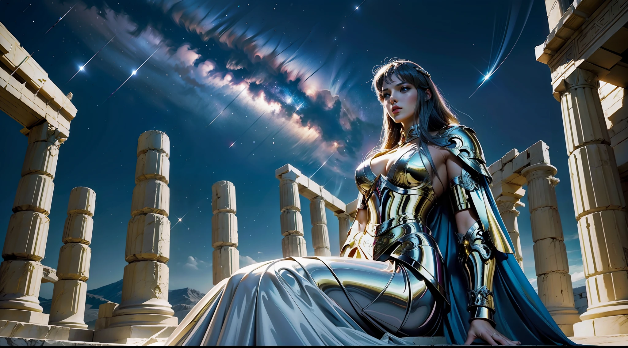 greek temple，atenea，Large breasts，Heavy armor，dynamicposes，dramatics，A high resolution，photorealestic，best qualityer，Starcloud，galactic，magia，half-body shots