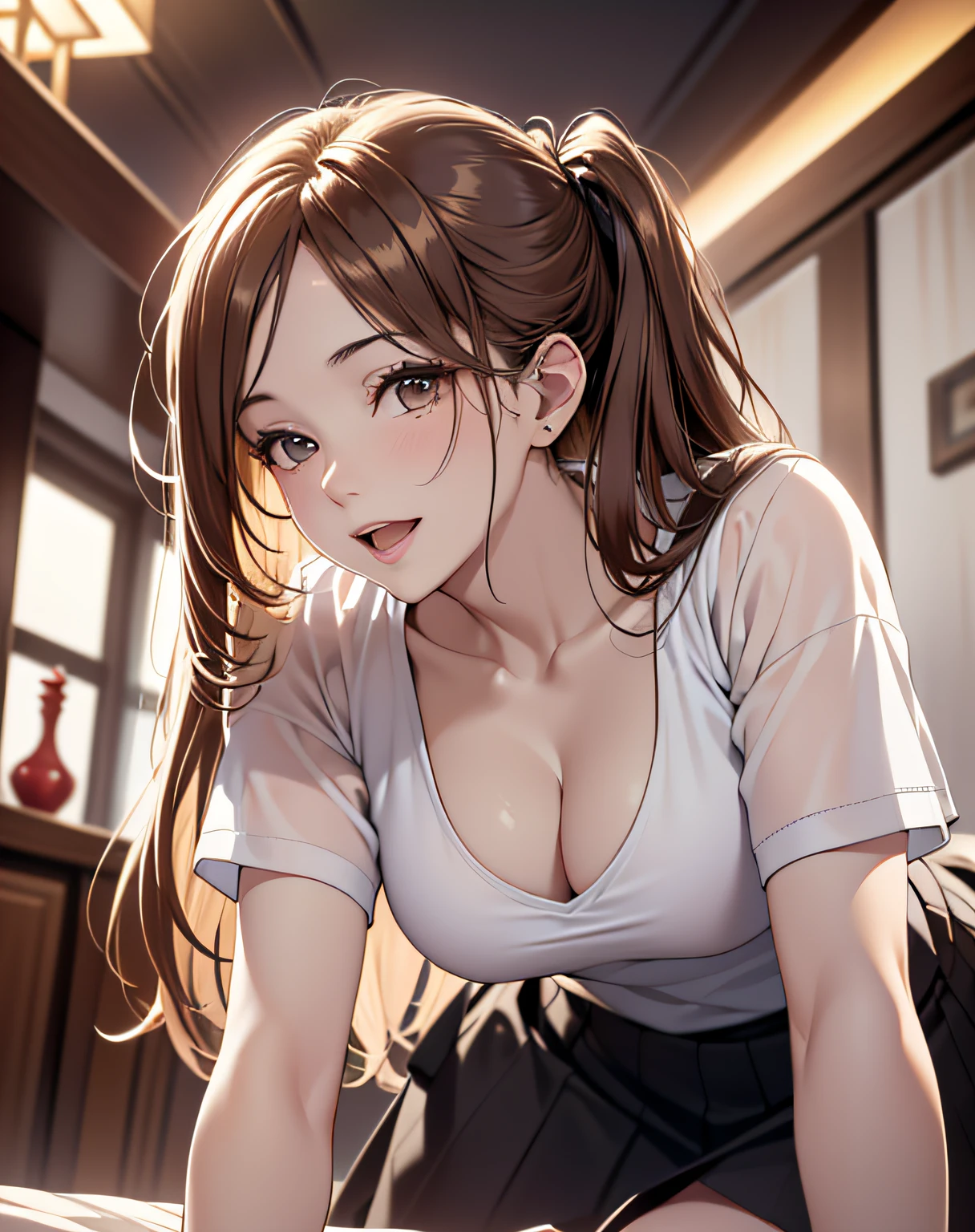 photo realistic, (8k, RAW photo, best quality, masterpiece:1.2), High detail RAW color photo, professional photograph, cowboy shot, (realistic, photo realistic:1.37),cinematic light, (finery detailed face:1.2), cowboy shot, thigh 1 girl, 18-28 years old, very cute, very beautiful, photo realistic, event companion, BREAK, white skin, real human skin, (detailed face), oval face, pores, ultra high res, BREAK, slim, (medium-large-breast:1.37, cleavage:1.37), (looking straight at viewer with a serene and goddess-like happiness:1.2), (lifter gloss, eyelashes, gloss-face, best quality, ultra highres, Broad lighting, natural shading), (beautiful thin long hair, pony-tail:1.3, brown hair),, BREAK, (detailed white T-shirt:1.3, detailed box-skirt:1.3), ((detailed golden gorgeous hotel bedroom:1.3, golden room:1.3, night room:1.5)), ((light smile, open mouth:1.5, humid, in heat, blush, seductive emotion, aroused)), ((from below:1.3, from behind:1.3, kneeling:1.3, leaning forward:1.3, all fours:1.3, top down bottom up)), blurry background, bokeh, depth of field, cowboy shot:1.3, centered image,