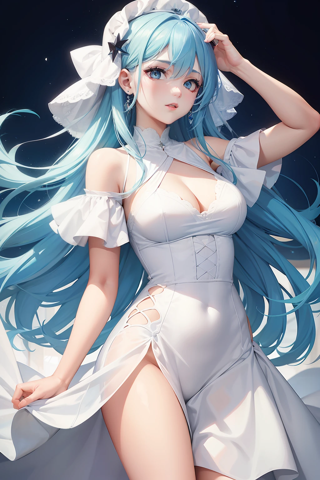 a women, blue hair, blue eyes, white dress