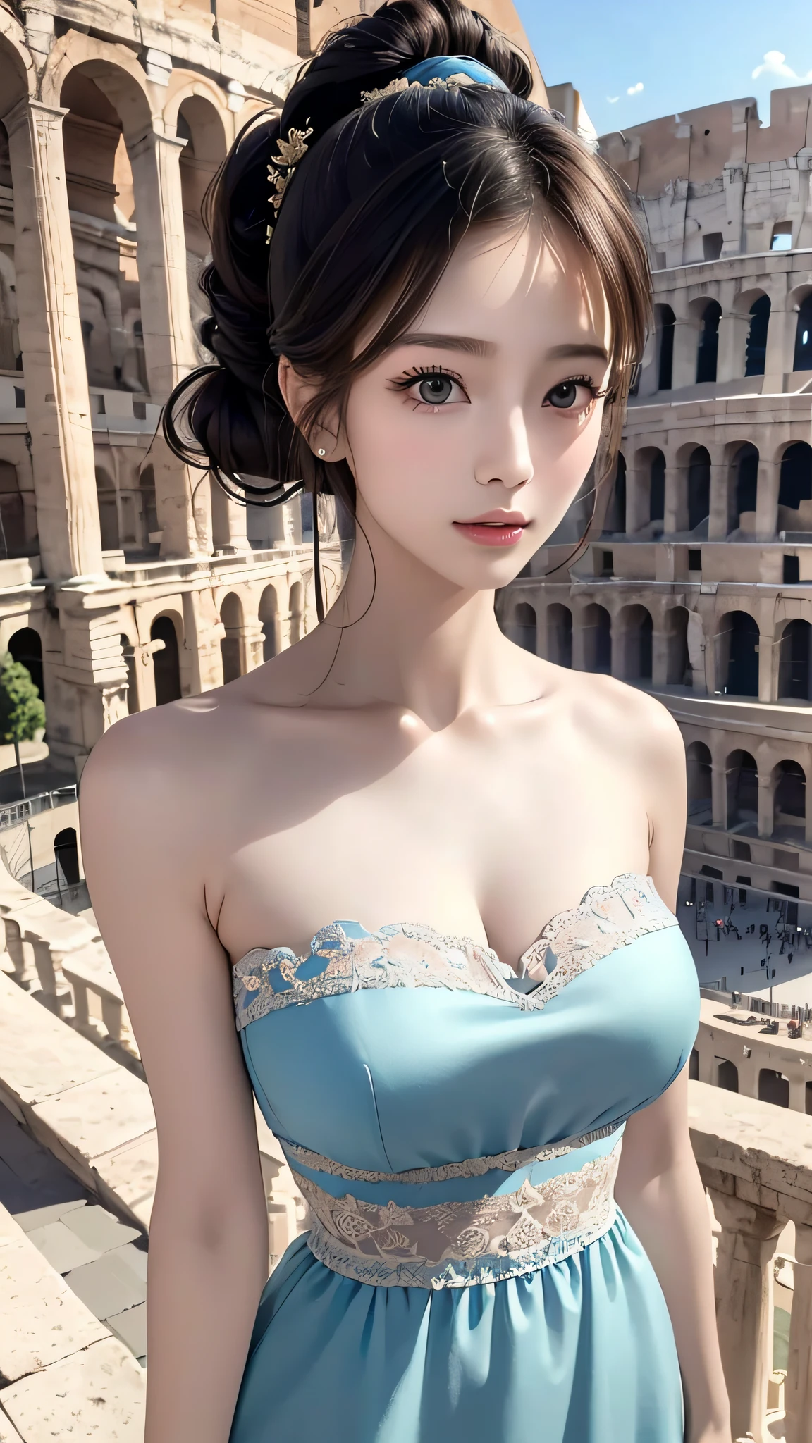 (8K, Best Quality, Masterpiece: 1, 2), (Realistic, Photo Realistic: 1,37), Top Quality, Masterpiece, Skinny 1girl Negona upper body photo wavy ponytail hair, sexy dress, Chest cloth relax, bandeau dress, in the Colosseum, Wide angle close-up