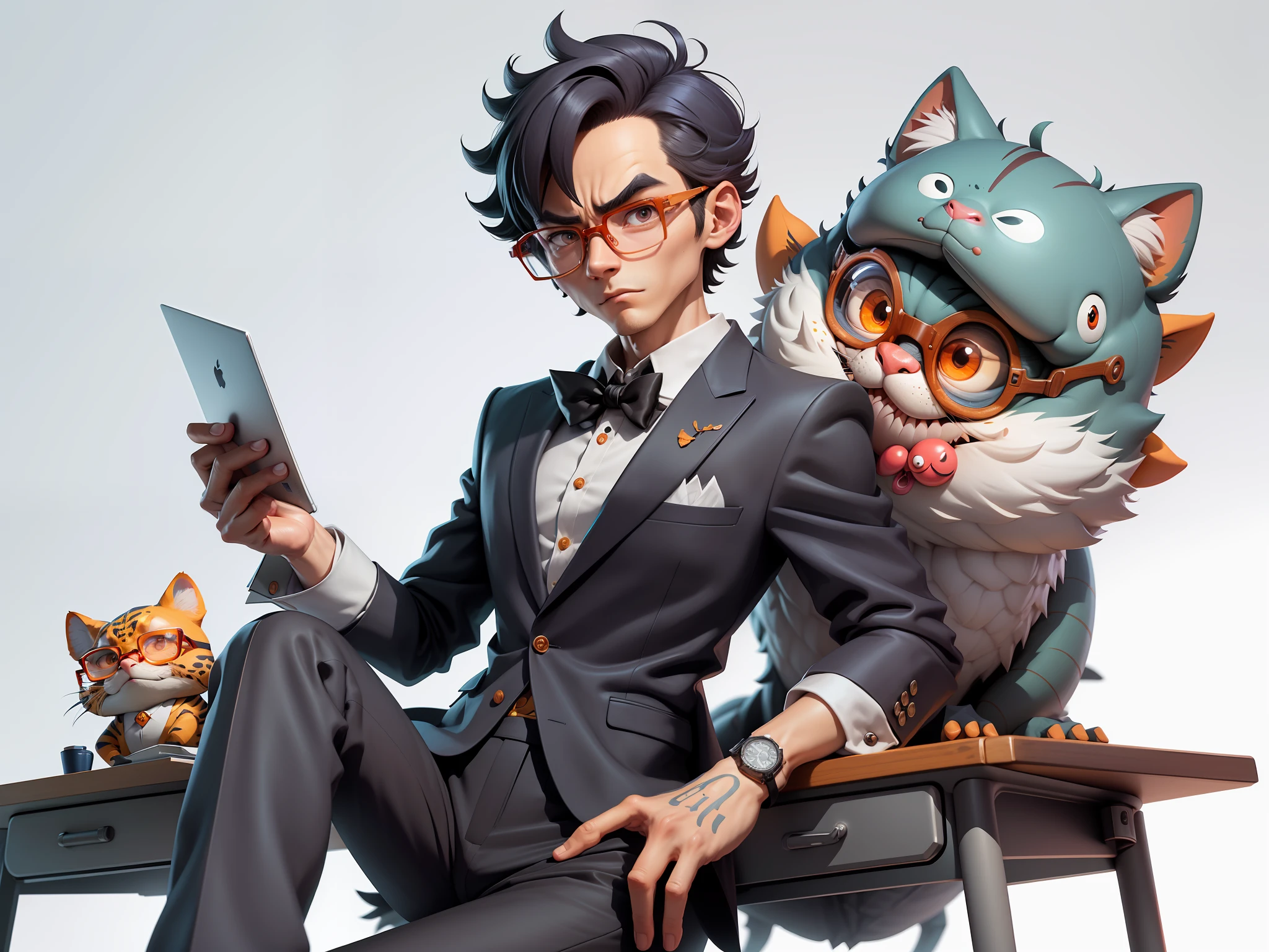 A young man in a suit and pants, Short hair and glasses sat at his desk，holding laptop，digitial painting，tigre，3D character design by Mark Clairen and Pixar and Hayao Miyazaki and Akira Toriyama，4K HD illustration，Very detailed facial features and cartoon-style visuals。