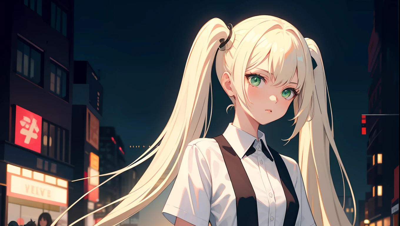 tmasterpiece, best qualtiy, NSFW, 1girll, platinum blond hair, long whitr hair, Green eyes, pigtails, Small lively breasts, Have on the street, the night, neonlight, white t - shirt, Black pantsuit, Poker face, up front view, standing on your feet,