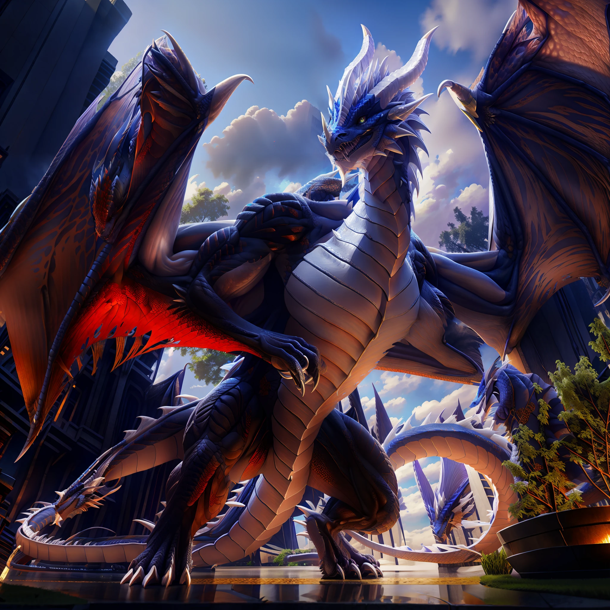 drak,Western Dragon,Majestic and exquisite faucet head、Thin dragon tail、Huge dragon claws、Gorgeous dragon horns,White body,Smile Expression,Blue vertical pupils,Ambient lighting,Excellent detail throughout the body,The white dragon wings spread,Extreme detail,realistic raytracing,Fine shading representation,Best shadow effect,Masterpiece 8K HD quality,Huge body,Very massive,urban backdrop,full bodyesbian,Positive perspective。