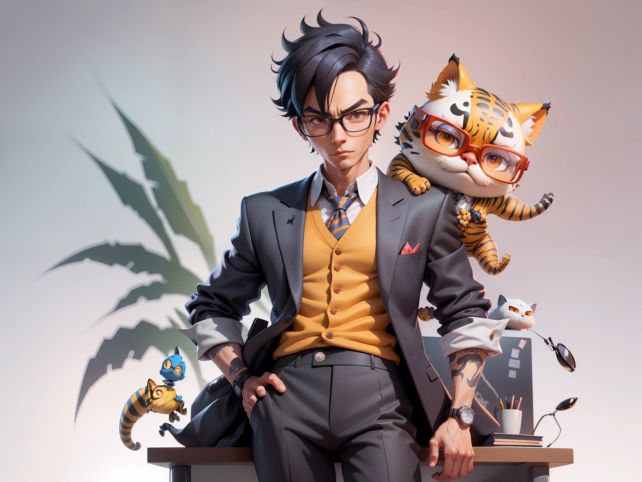 A young man in a suit and pants, Short hair and glasses sat at his desk,holding laptop,digitial painting,tigre,3D character design by Mark Clairen and Pixar and Hayao Miyazaki and Akira Toriyama,4K HD illustration,Very detailed facial features and cartoon-style visuals。