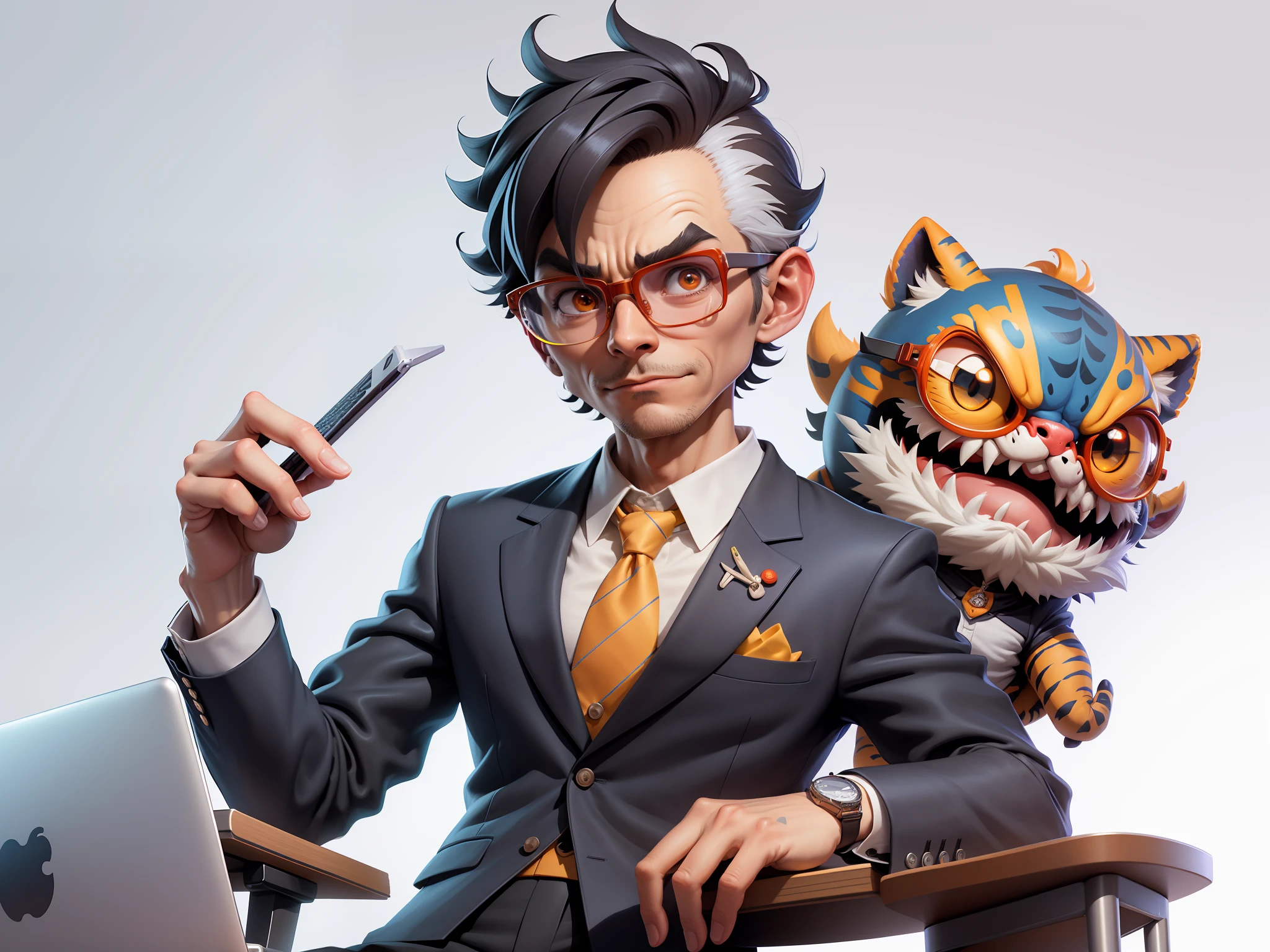 A young man in a suit and pants, Short hair and glasses sat at his desk，holding laptop，digitial painting，tigre，3D character design by Mark Clairen and Pixar and Hayao Miyazaki and Akira Toriyama，4K HD illustration，Very detailed facial features and cartoon-style visuals。