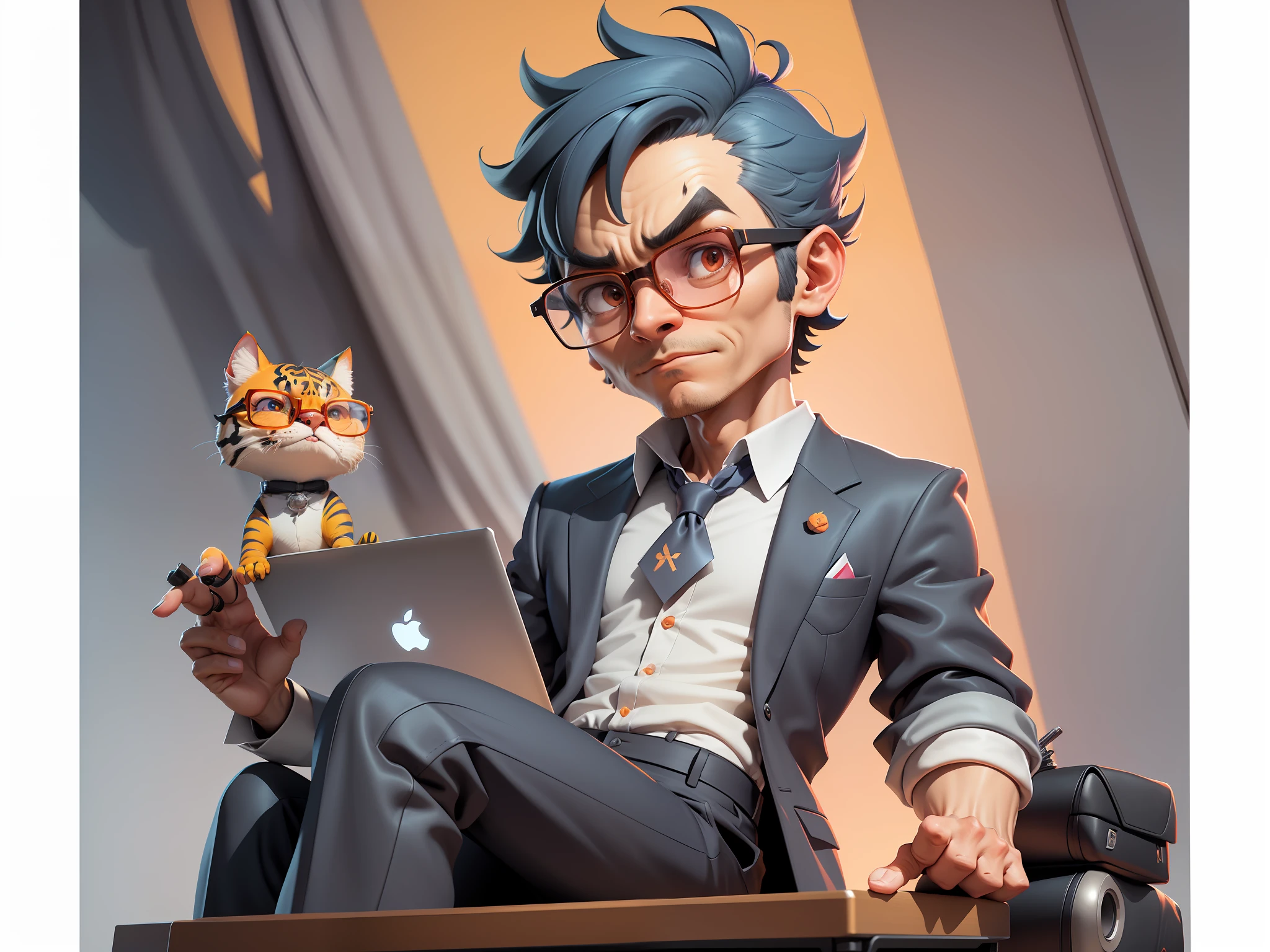 A young man in a suit and pants, Short hair and glasses sat at his desk,holding laptop,digitial painting,tigre,3D character design by Mark Clairen and Pixar and Hayao Miyazaki and Akira Toriyama,4K HD illustration,Very detailed facial features and cartoon-style visuals。