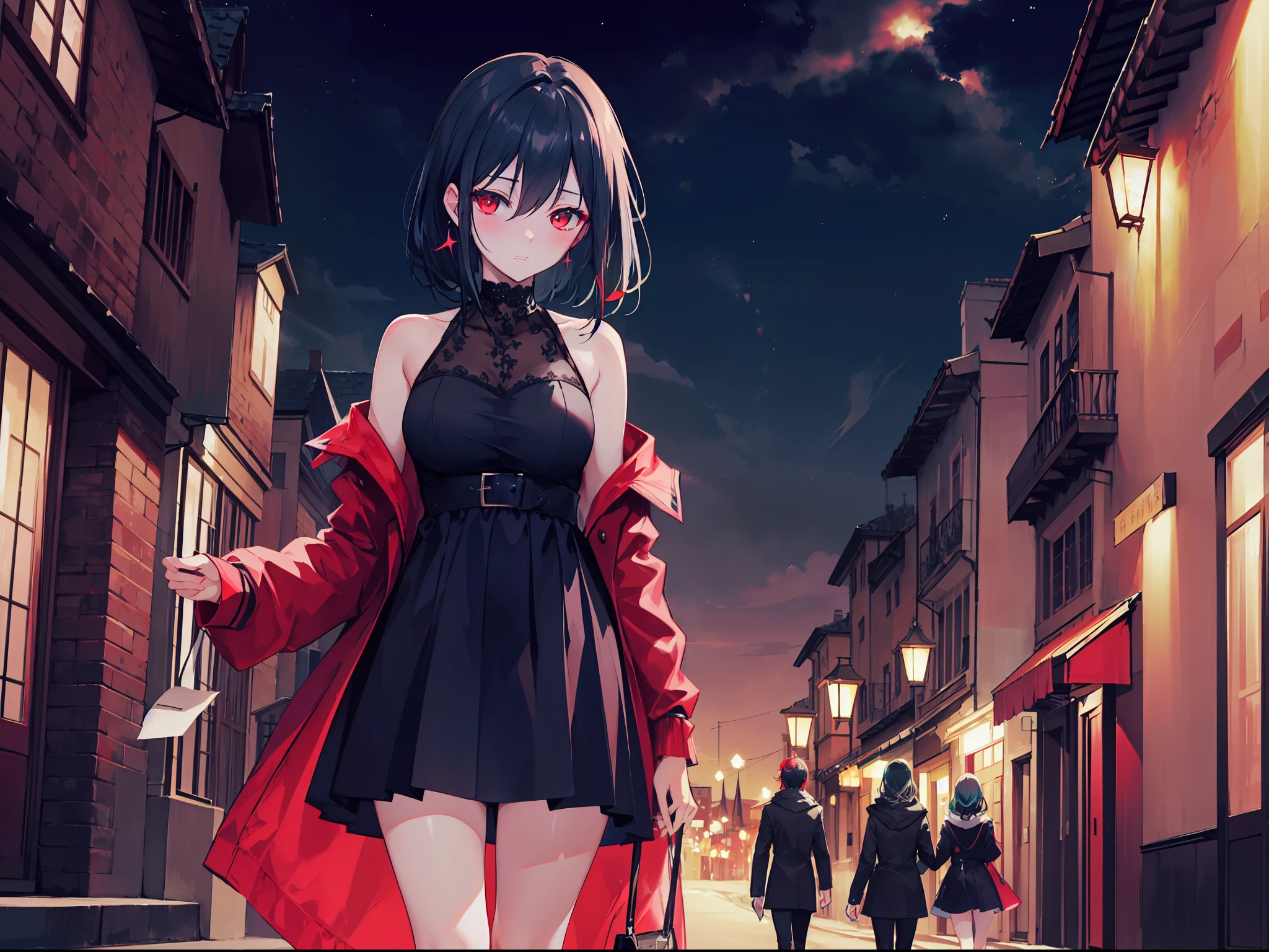 "4k night medieval city, dark atmosphere, there's a milf, with black colour hair, glow red eyes, wears black snow and she look shy and blushes"