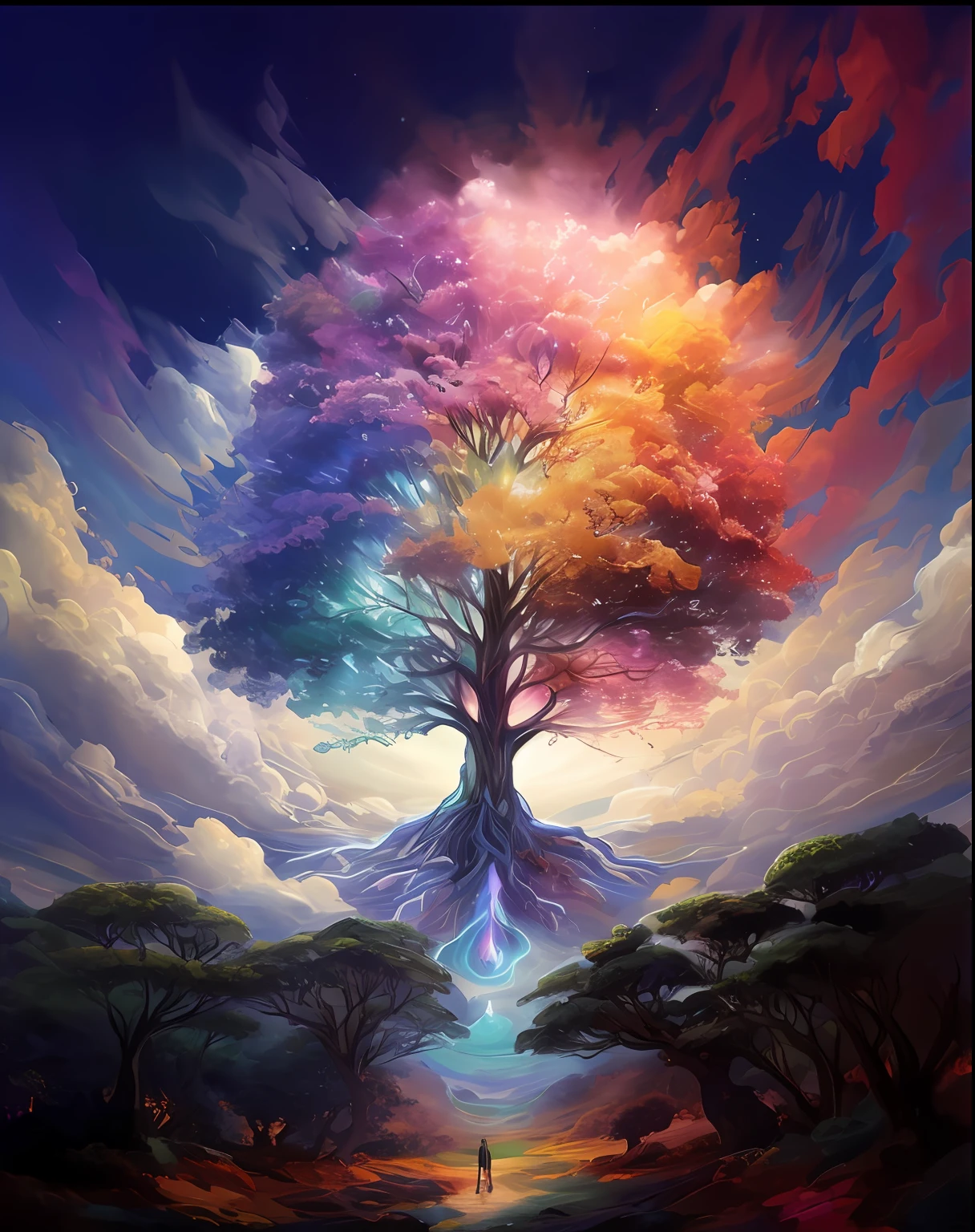 a painting of a tree with a rainbow colored sky in the background, the tree of life, cosmic tree of life, magical tree, fantasy tree, tree of life seed of doubt, tree of life, the world tree, cosmic tree, magic tree, magical colors and atmosphere, colorful concept art, world tree, yggdrasil, beautiful art uhd 4 k