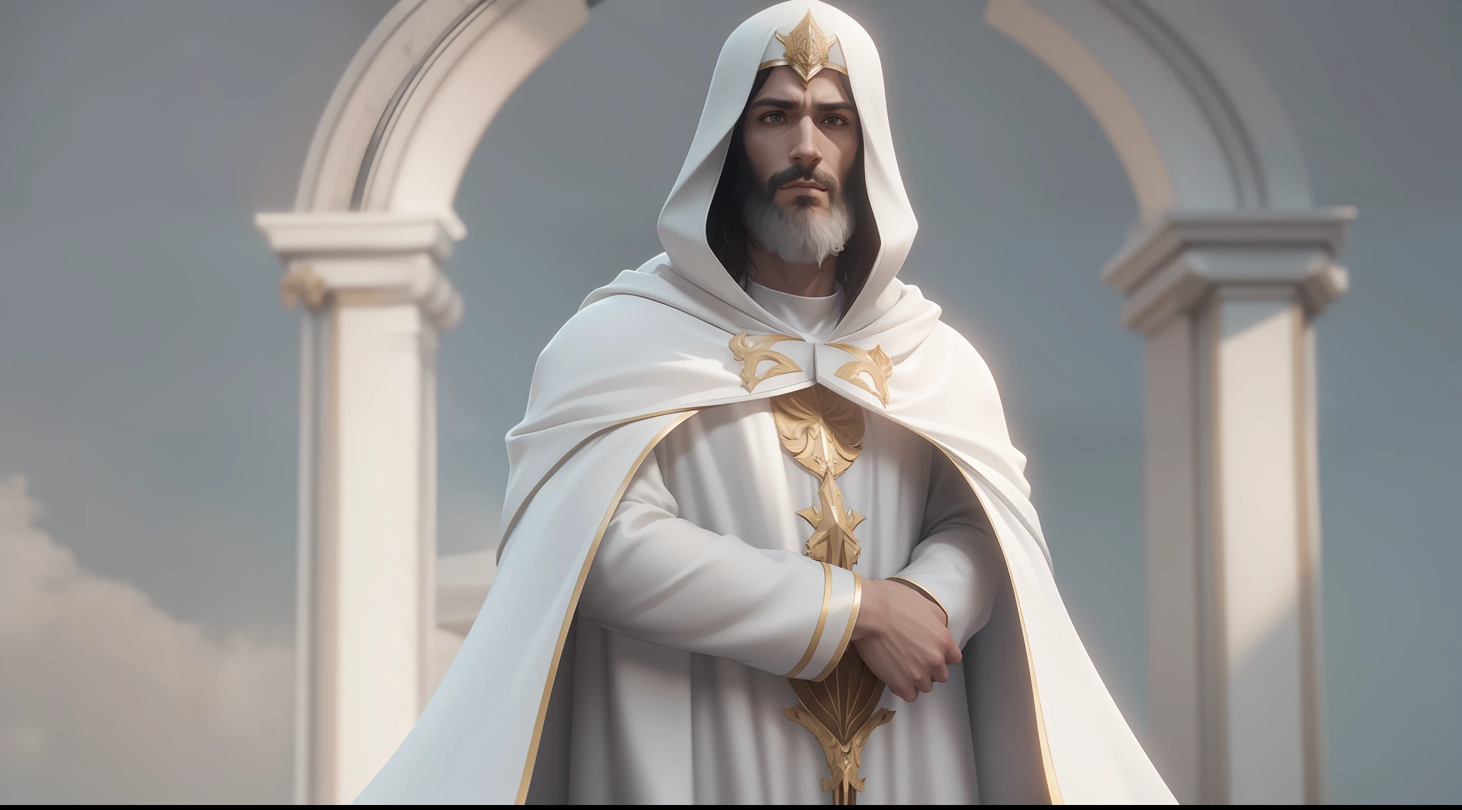 Homem em um manto branco e capa dourada com um capuz branco, Jesus Christ in epic and glorified form image of man long hair male, Fantasy Style 8k Octane Rendering, detailed cinematic render, dressed like a cleric, renderizado no Unreal Engine 5, (octan render) estilo fantasia, cinematic full character, Criado em Unreal Engine 5, Cinematic pose of authority and imposing, rosto perfeito olhos azuis, elegante, cinematic render, vestindo manto branco e dourado.