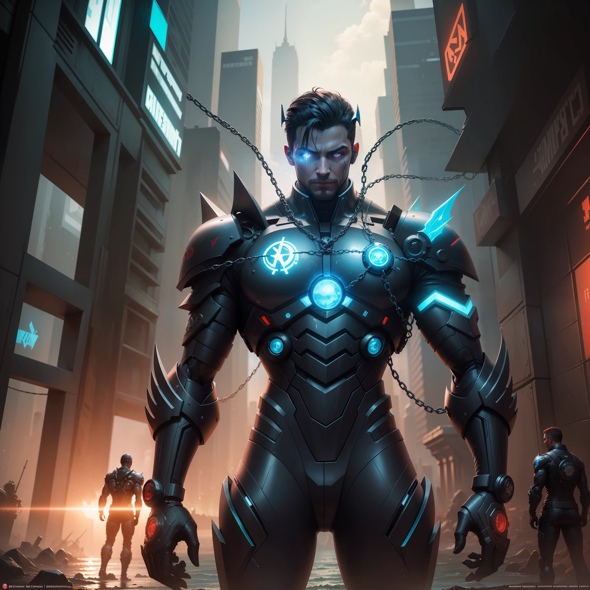 SeaArt Prompt: Arte realista, pele real, fantasia sombria, Cyberpunk, DC Mechanics, motosserra, chain saw man, vermelho:1.1, cybernetic guardian, robotic presence, 1 pessoa, Characteristics of a hero