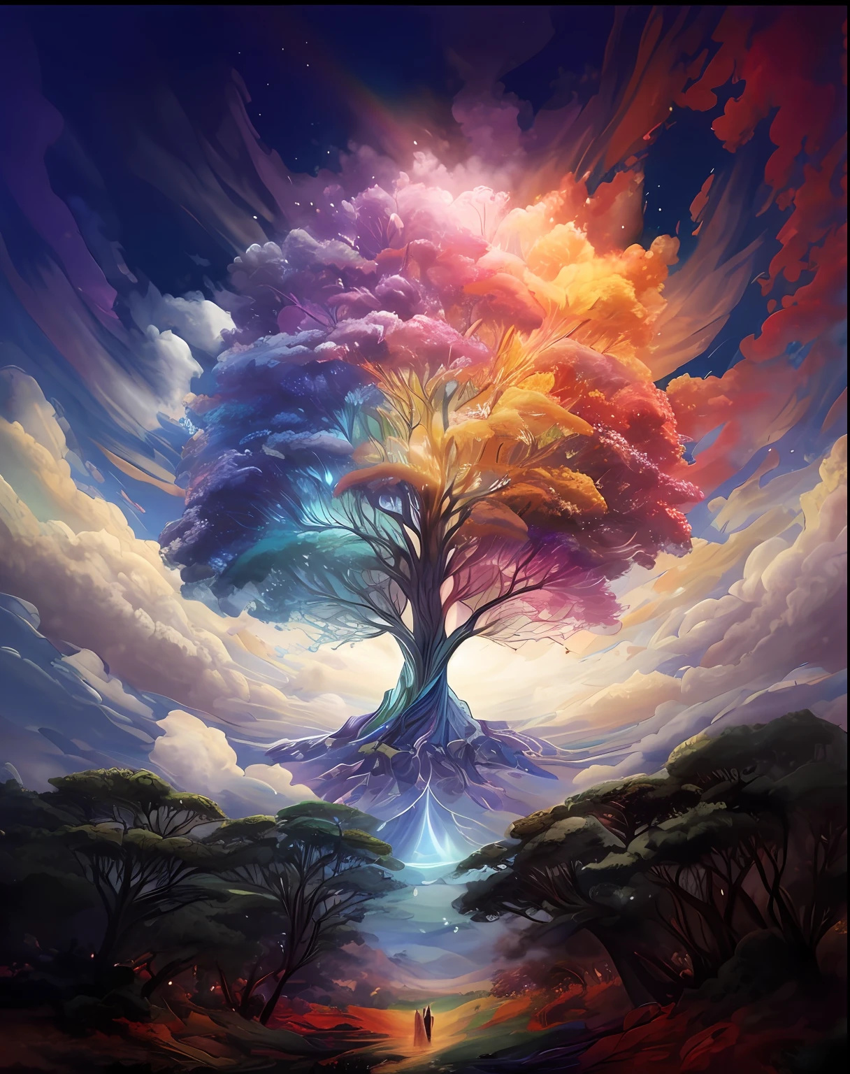 a painting of a tree with a rainbow colored sky in the background, the tree of life, cosmic tree of life, magical tree, fantasy tree, tree of life seed of doubt, tree of life, the world tree, cosmic tree, magic tree, magical colors and atmosphere, colorful concept art, world tree, yggdrasil, beautiful art uhd 4 k