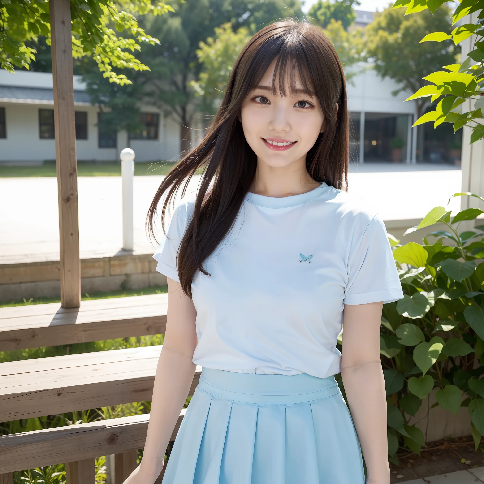 Highest Quality, 超A high resolution, light leaks, Dynamic lighting, Slim and smooth skin, (white t-shirts:1.3), (Light blue skirt:1.3)、(Soft Saturation: 1.6), (Fair skin: 1.2), (Glossy skin: 1.1), Oiled skin, 22 years old, Night, Glossy short bob, Well-formed, Hair fluttering in the wind, Close-up shot of face only, Physically Based Rendering, From multiple angles, A big smile,