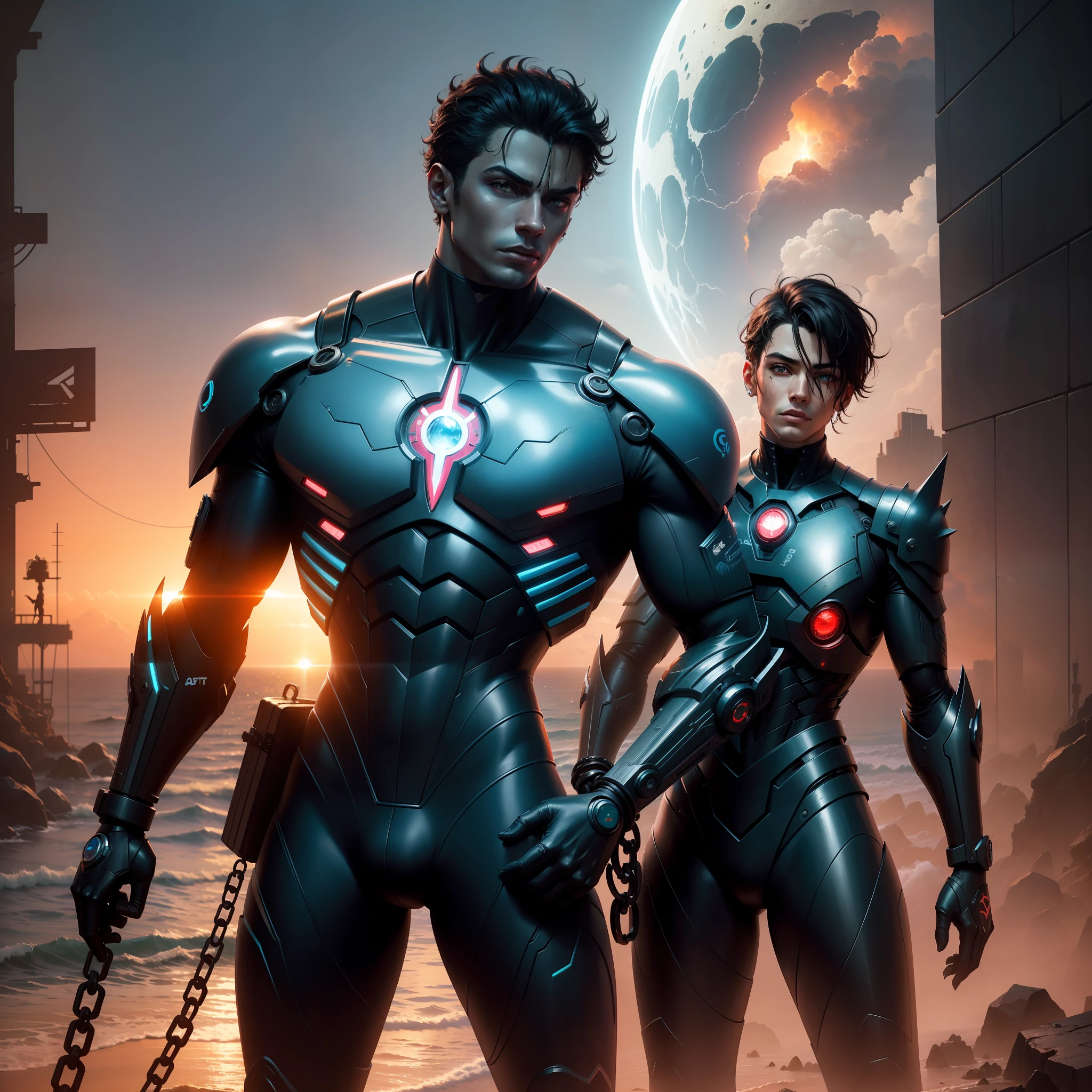 SeaArt Prompt: Arte realista, pele real, fantasia sombria, Cyberpunk, DC Mechanics, motosserra, chain saw man, vermelho:1.1, cybernetic guardian, robotic presence, 1 pessoa, Characteristics of a hero