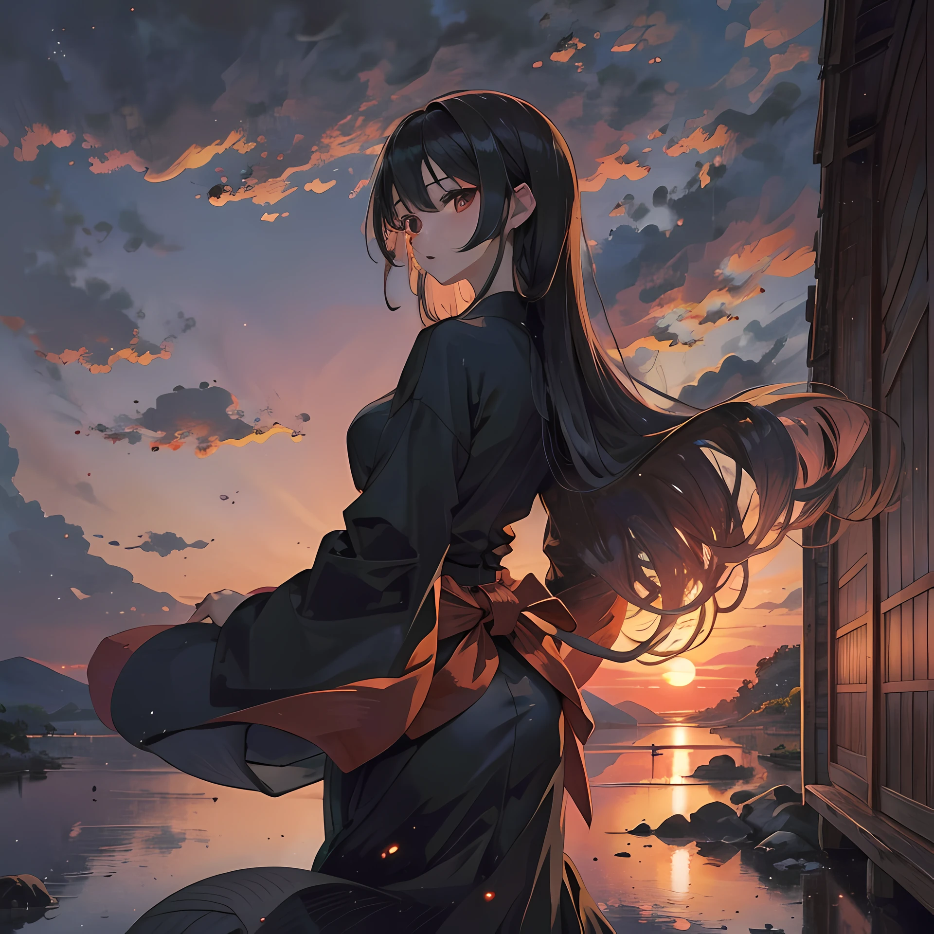 校服，long hair and waist，Look back at the back of your back，One hand crosses the waist,，japanese manga style，Very sophisticated，Under the setting sun，Heads-up，Visible Pore，so sexy，Detailed background