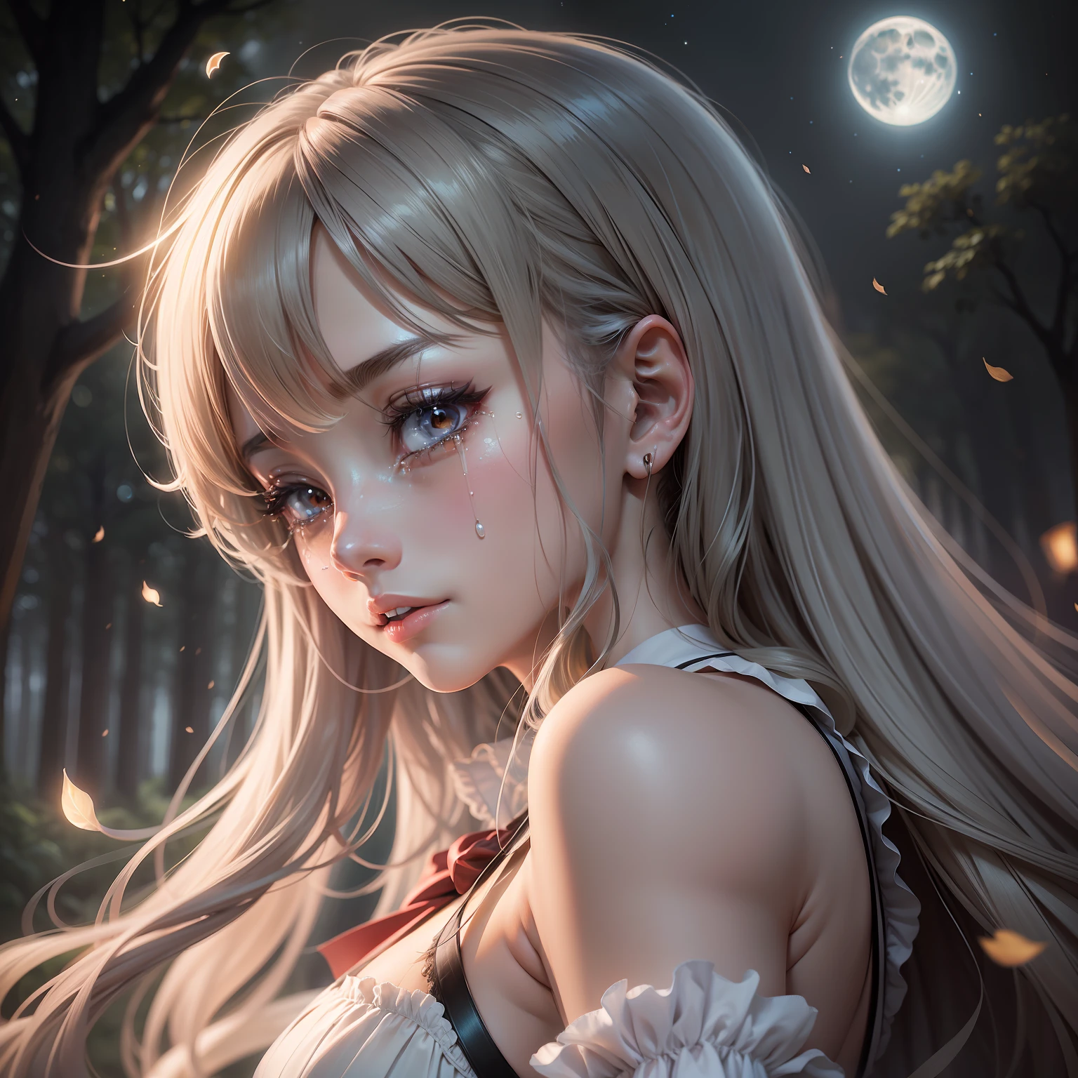 Seductive and charming anime women, Crying face、tears、The seduction of captivating anime, Surreal depiction of a schoolgirl in anime format. She exudes an aura of mystery and charm, With a keen eye that holds a hint of mischief. Her flowing hair runs down her back, Increase her seductive presence. The background is set in a moonlit forest, The tree々Soft rays of moonlight passing between, Shine like a dream. photographed:Rankin, Uses Sony Alpha 1 with 50mm lens, Lighting is a combination of studio lighting and natural moonlight, creating a magical atmosphere. --V 5 --Q 2