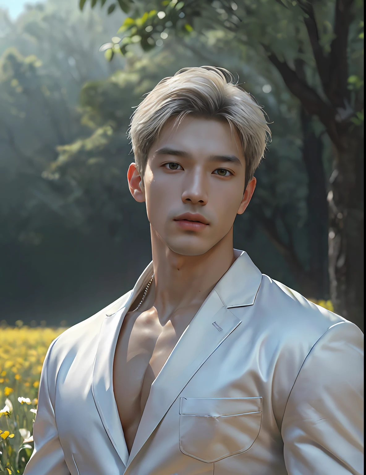 1Man, ((male model )) heaty skin, masterpiece, best quality, most handsome man in the world, by Shen Quan, prefect body, beautiful male model, an attractive man 18-24 years old aesthetic, at spring flower booming, green fields, spring, plains, trees, flower, blue sky, ruggedly handsome young man wearing a white pajamas, white jockstrap ,white cloth, shirtless Jacket over shoulder, (Male Focus), ((smooth body)), super cute, dynamic pose, cool and seductive, dramatic lighting, full body shot, full body shot, youthful face, full body, body without hair, thin and tall, fit body, dominant, Caucasian or white skin, youthful face, firm body, high definition, natural flesh tones, soft light, highly detailed, looking at viewer, photography, detailed skin, real person, realistic, photo-realistic, insanely detailed, face detail, hype maximalist, hype hyperrealism, cinematic, telephoto, lighting intricate details, highly detailed, highly detailed, digital painting, artstation, concept art, smooth, sharp focus, illustration, Unreal Engine 5, 8K, art by Ross Tran and greg rutkowski and alphonse Mucha, UHD, 8k, show only male.8k uhd, dslr, dim lighting, high quality, film grain, Fujifilm XT3, male only fan,2 mans, pair model.