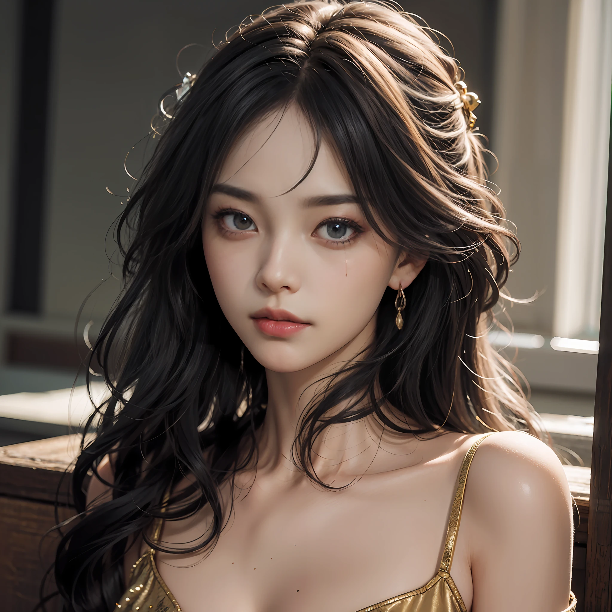 (Hyper Real), (illustratio), (A high resolution), (8K), (The is very detailed), (美丽细致的眼睛), (best qualtiy), (Super detail), (tmasterpiece), Beautiful face,(Detailed face),sideface, Clear facial features, 二重まぶた,milkyW,Fair skin, highdetailskin, Realistic details of skin, Visible Pore, shift dresses:1.1,A half body,Bust photo,absurd res,enticing,超A high resolution,Ultra photo realsisim,The is very detailed,the golden ratio,(dynamicposes),Sad tears,动态照明