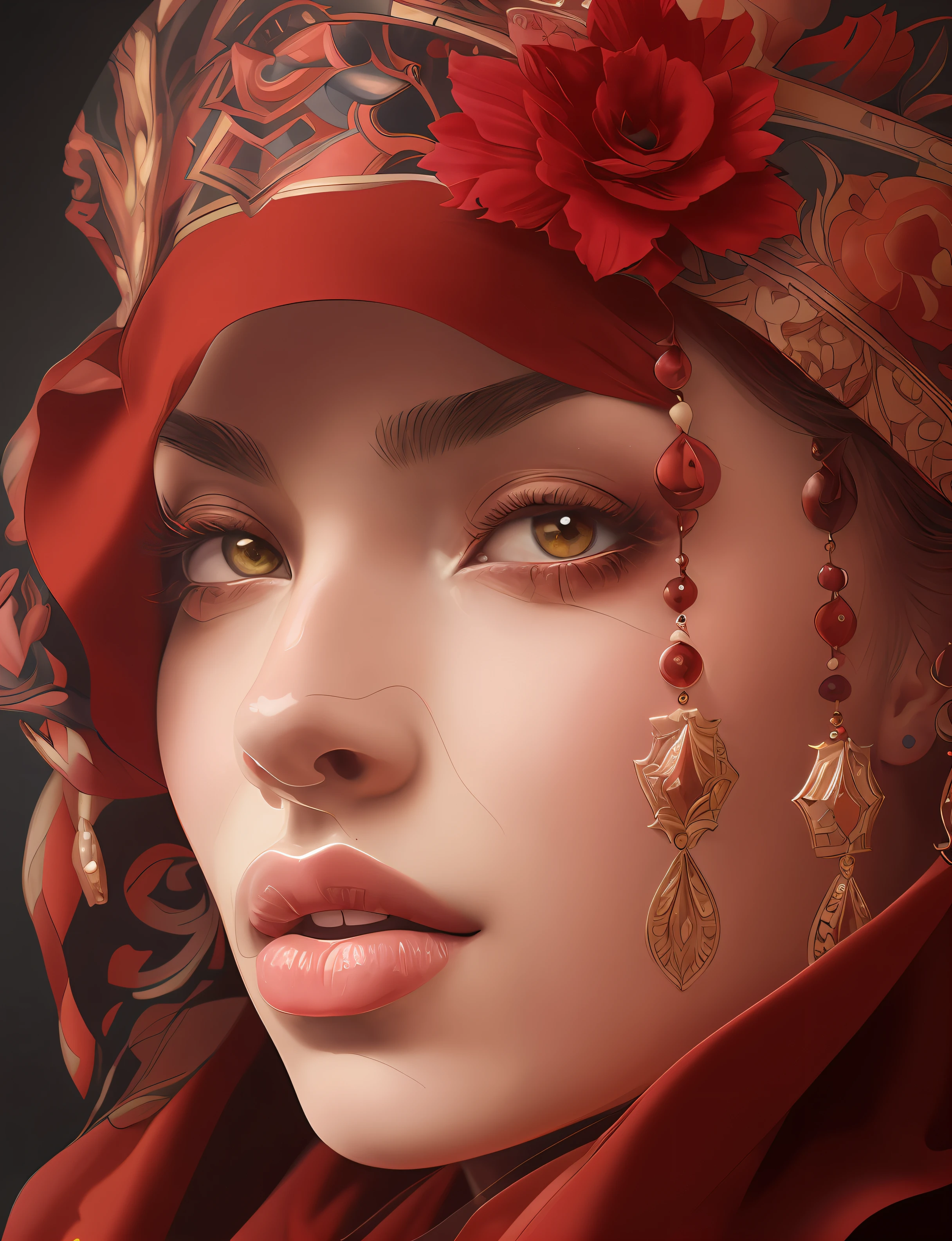 Painting of a woman with a red scarf and a red flower, stunning digital illustration, retrato de beleza detalhado, pintura digital impressionante, Beautiful digital illustration, Arte bonita UHD 4K, retrato bonito detalhado, 8k arte impressionante, pintura detalhada 4K, exquisite digital illustration, 8k arte detalhada de alta qualidade, lindo pintura digital, Epic portrait illustration, Arte digital altamente detalhada em 4k