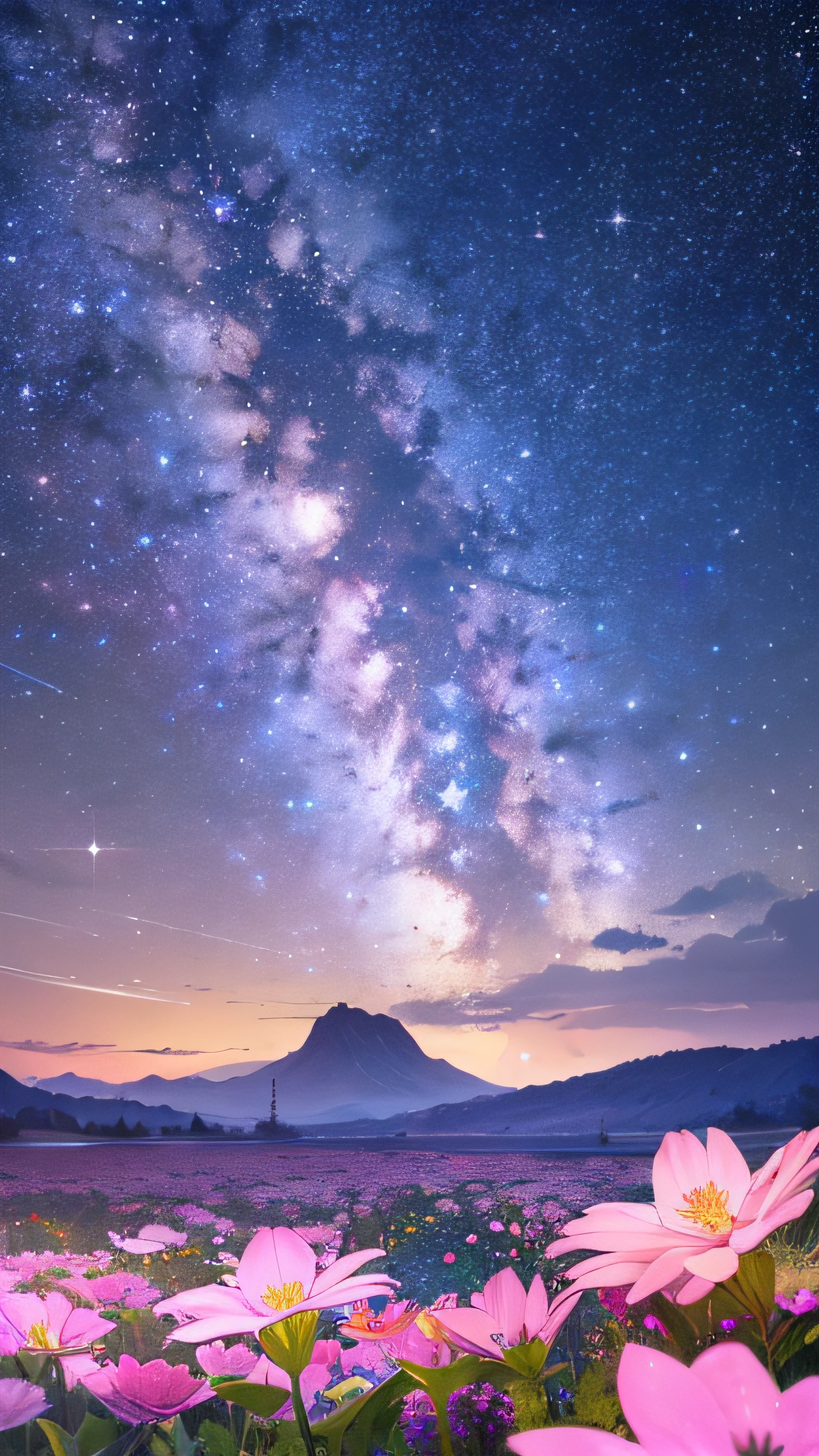 High quality, high detail, brilliant starry sky, flowers of various colors emit dazzling light CG Art 8K