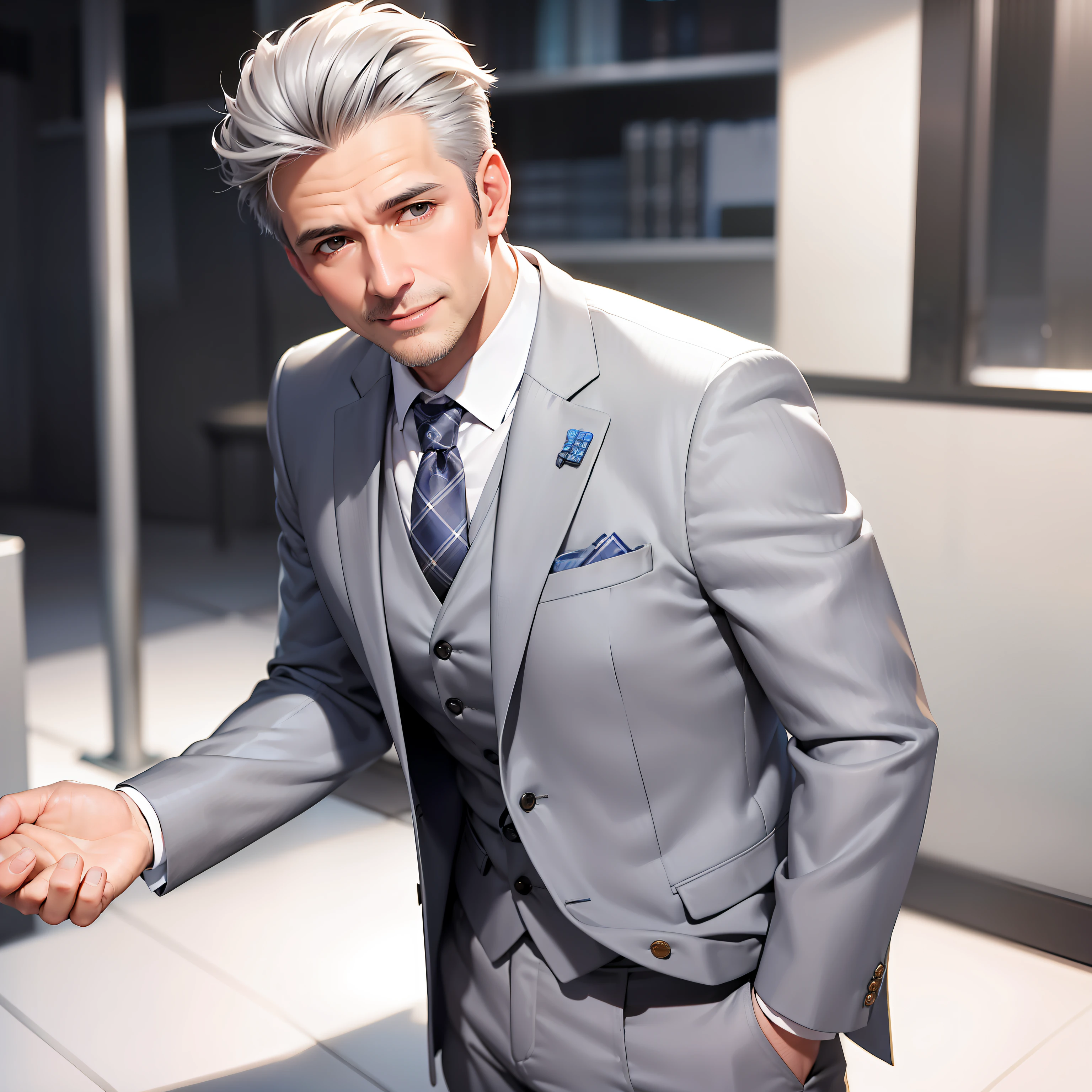((hyper HD,tmasterpiece,best qualtiy)),malefocus,A handsome middle-aged man,short, Comb neatly gray hair,Fit and fit,Wear a stylish gray suit,With a smile。