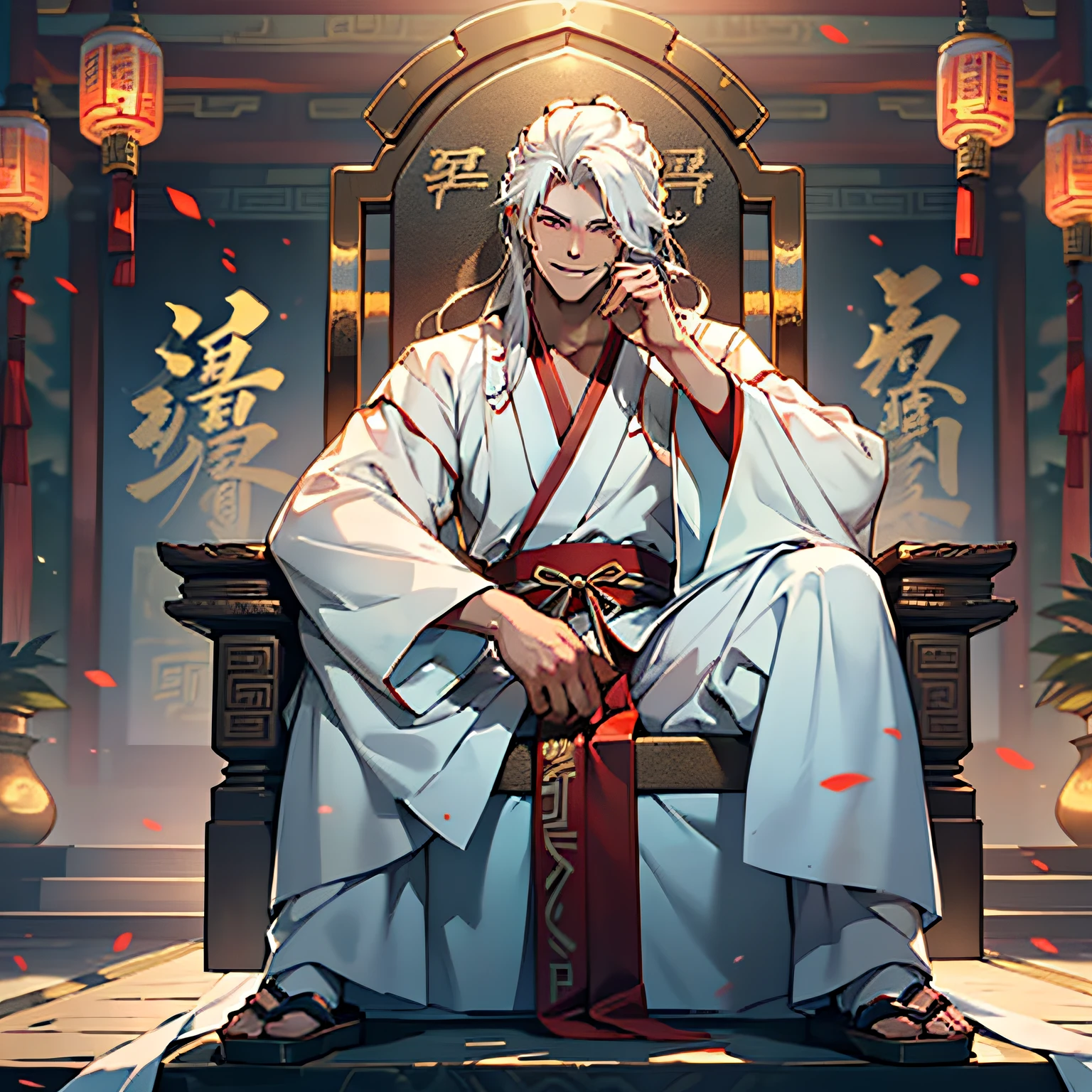6, (1 person) (Boy, ((White Hanfu youth)), (((Long white hair))), King in the air, Gorgeous, Handsome, Outstanding temperament, sitting on the sacred throne, Smiled) (Background: Inside the sacred and magnificent ancient Chinese imperial palace).