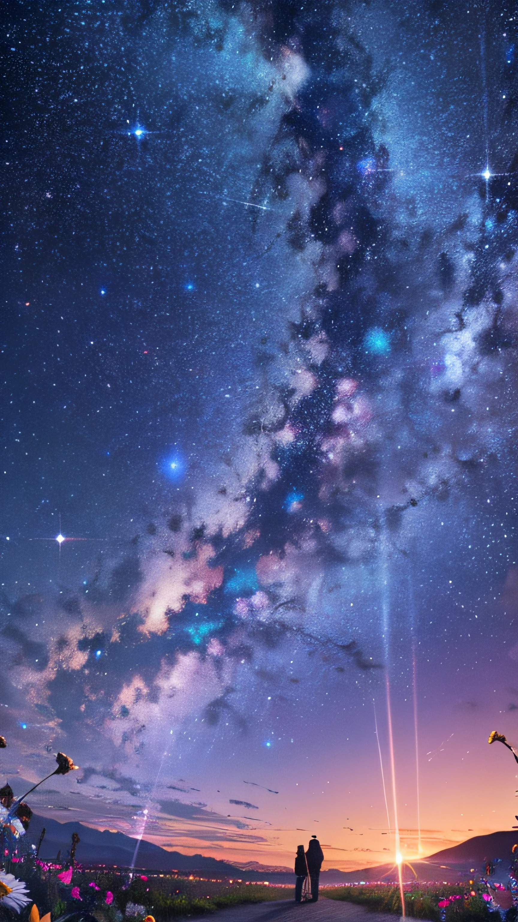 High quality, high detail, brilliant starry sky, flowers of various colors emit dazzling light CG Art 8K