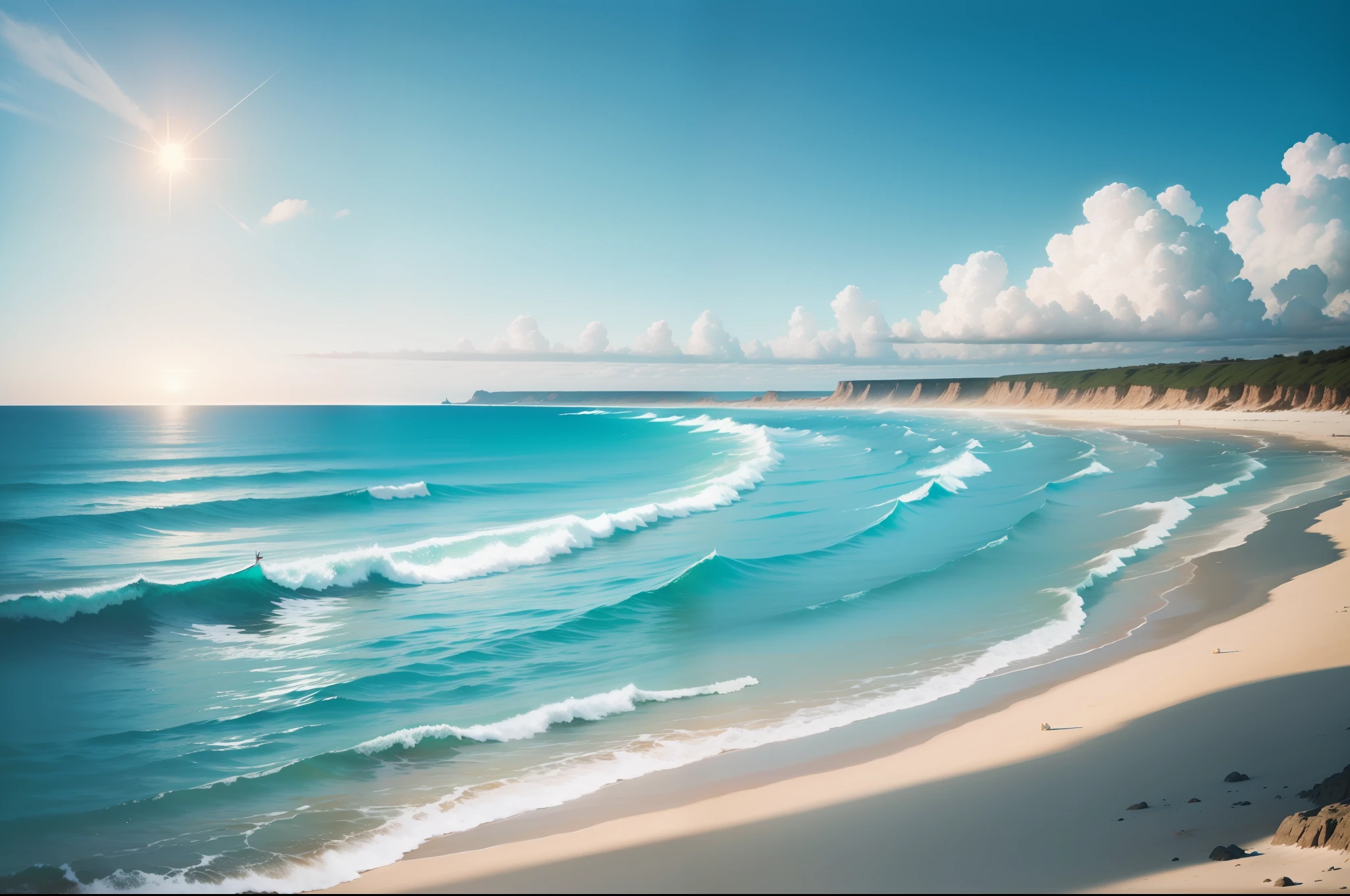 Coastal beach, turquoise blue sea, light on the sea, can see the corner of the sun, blue sky, white clouds, morning feeling, extreme detail, can see the vast sea, perspective from the beach side to the sea