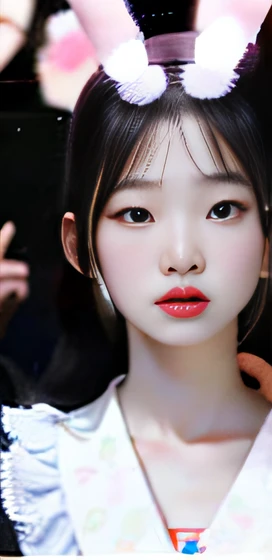 There is a woman with rabbit ears and a cat, wan adorable korean face, kanliu666, blackpink jennie, young lovely Korean faces, gongbi, very very low quality picture, with cute - fine - face, with round face, Round cute face, young cute wan asian face, xision wu, park jimin, clear cute face