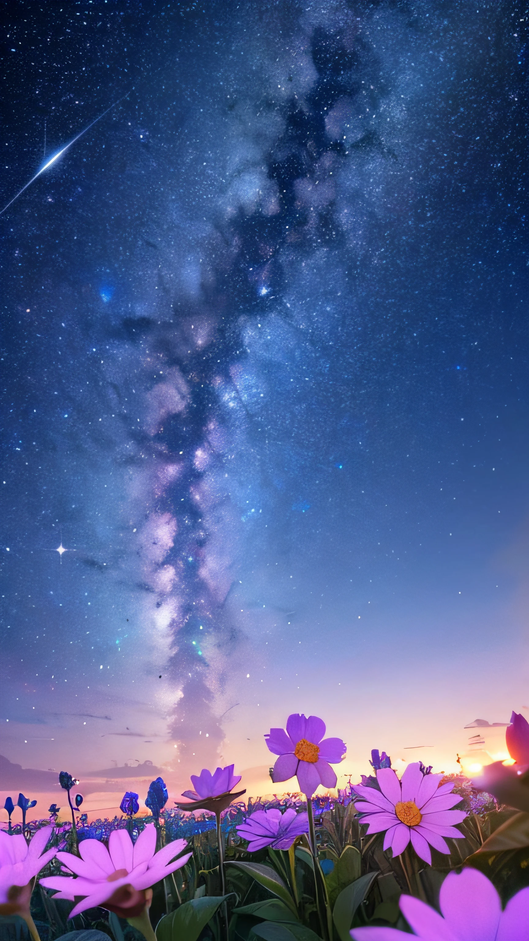 High quality, high detail, brilliant starry sky, flowers of various colors emit dazzling light CG Art 8K