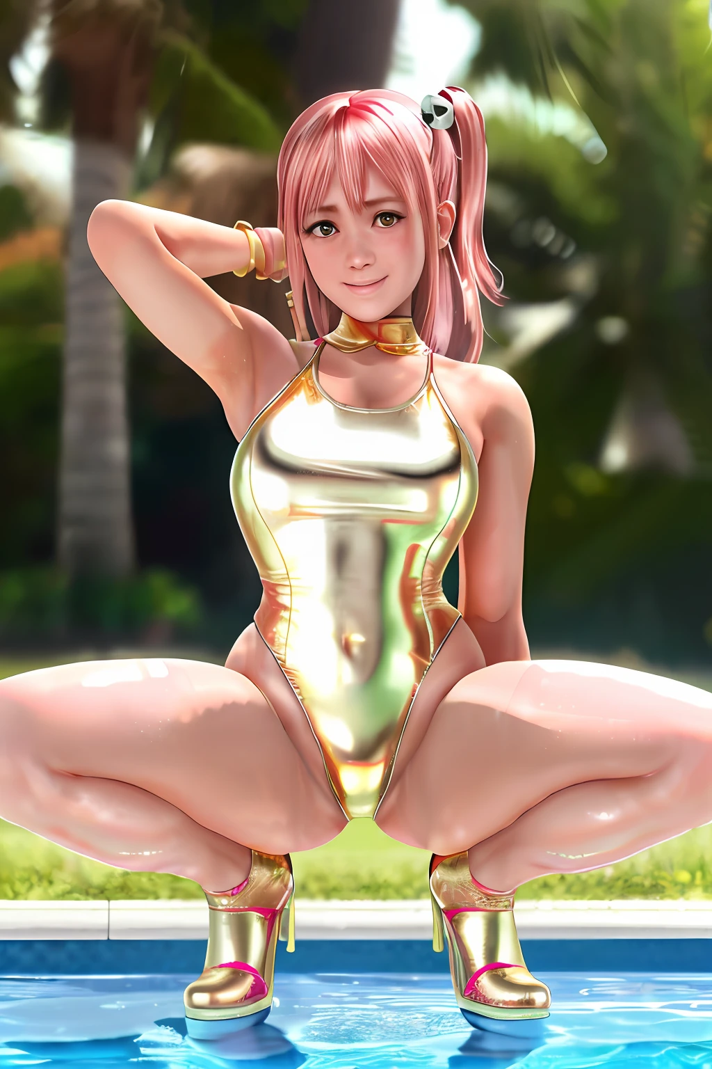 Top image quality、top-quality、8K picture quality、1girll、full body Esbian、honoka、A smile、embarrassed from、red blush、Beautiful light pink hair、huge tit、(Gold Metallic:1.4)、(Sleeveless)、(High neck competitive swimsuit)、(highleg)、(Crotch penetration)、(pin heels)、Squatting on the ground、(Open your crotch wide from side to side)、Arms behind your head、(Show off your armpits)、gazing at viewer、((Face the viewer))、((Show viewers your crotch)) 、((Frontal shot))、in poolside、profetional lighting、professional photograpy