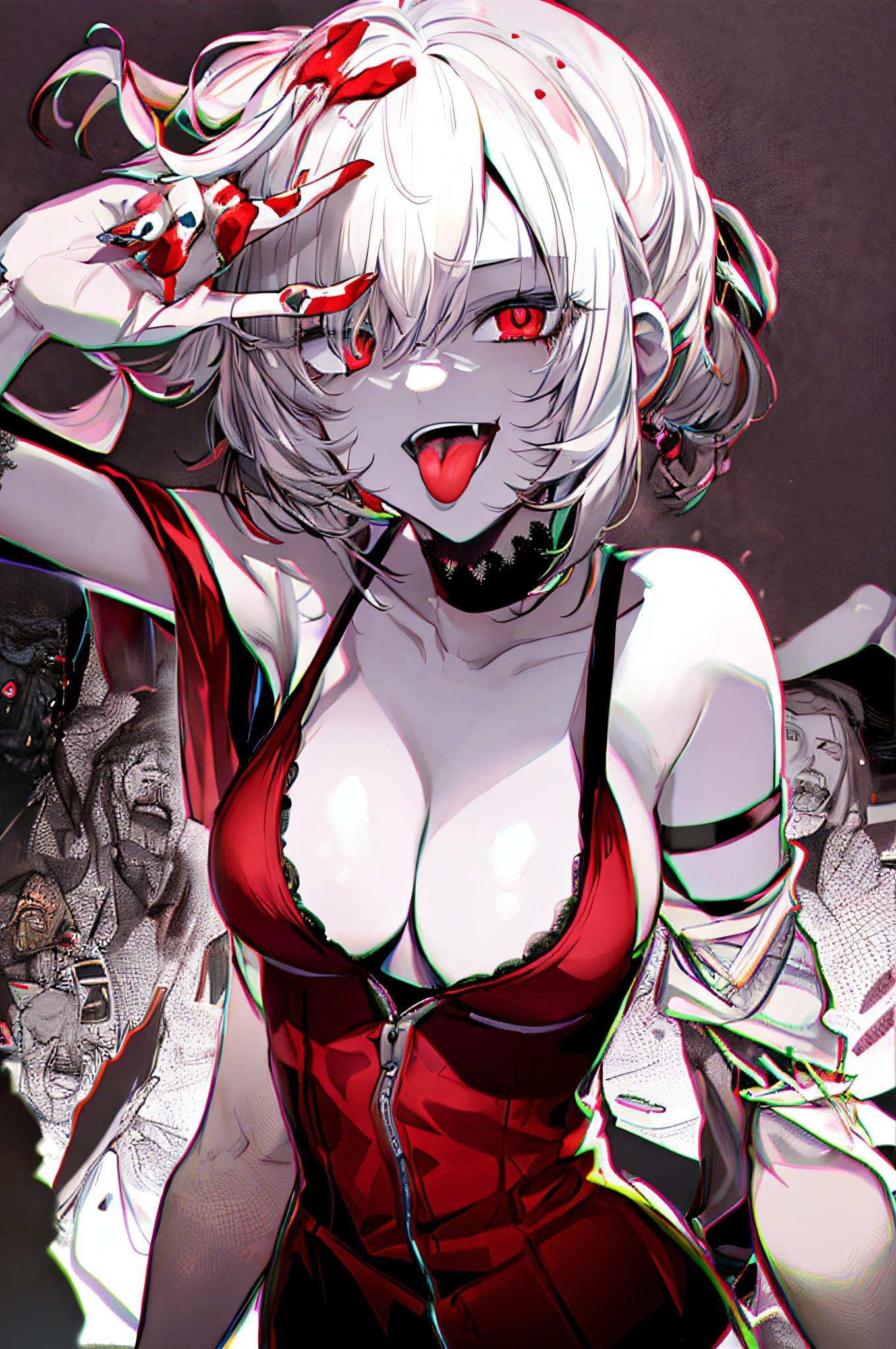 Red eyes, Tongue out, finger nails, Colored skin, zombie pose, JiangshiT, CatherineVG, 1girll