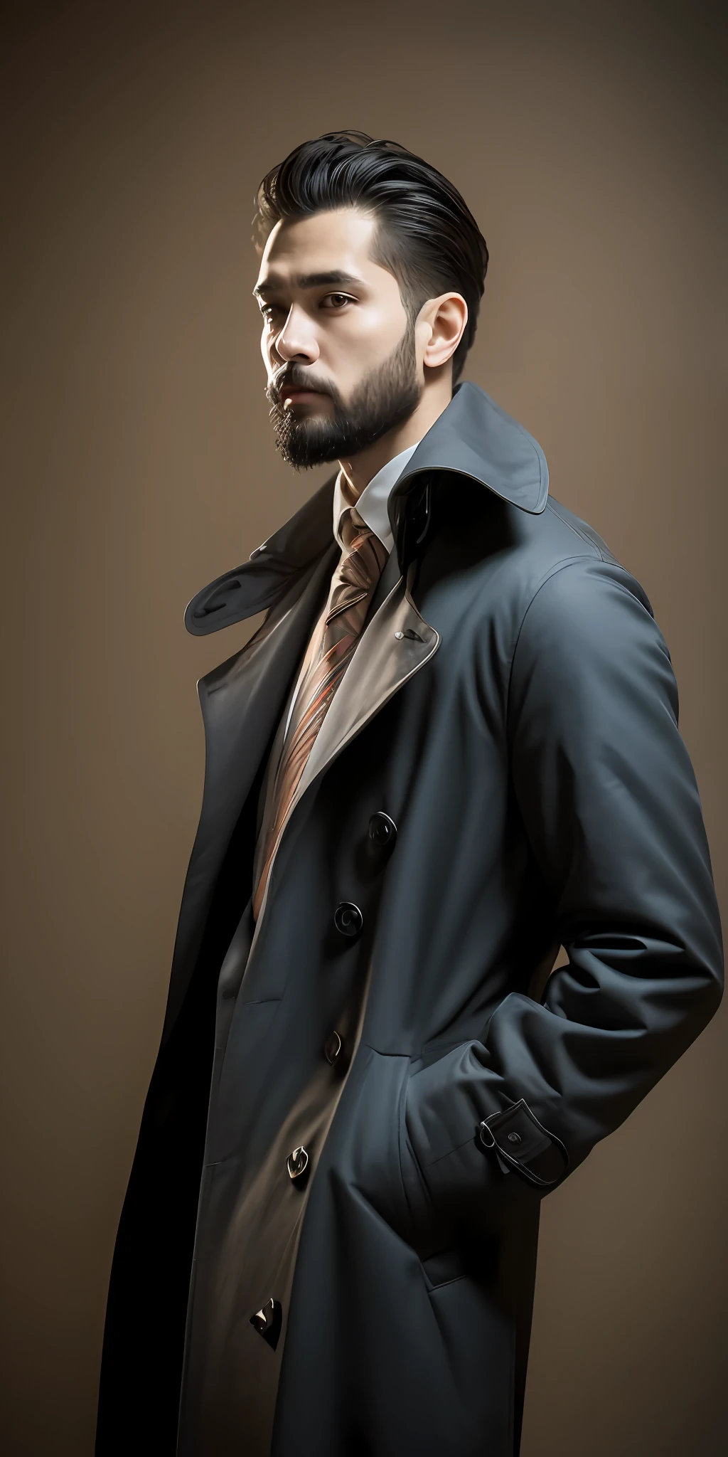 1人, Solo, Portrait of Habibnul Magomedov，Suit trench coat, Beard, Serious, Details, Realistic, Photography, The background is blurred out, soft focus，（Medium shot:1.4）brown background