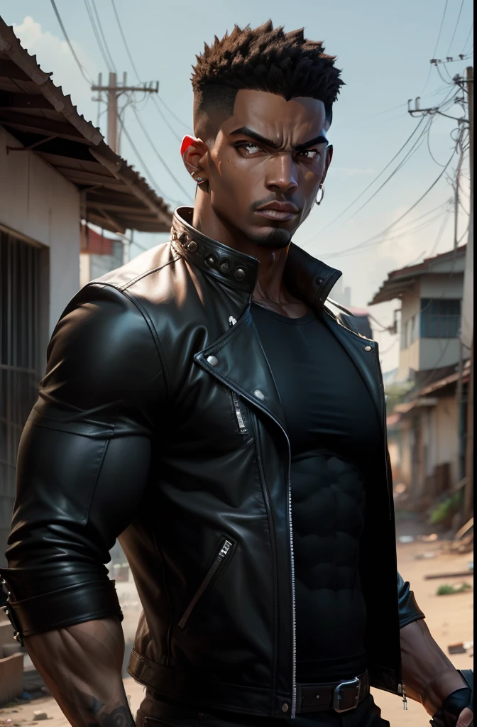 Male character, full shot, with black skin color, muscular, with characteristics of a villain, holding a big knife, wearing a leather jacket, in the background a suburb in Brazil, favela, HQ comic art style
