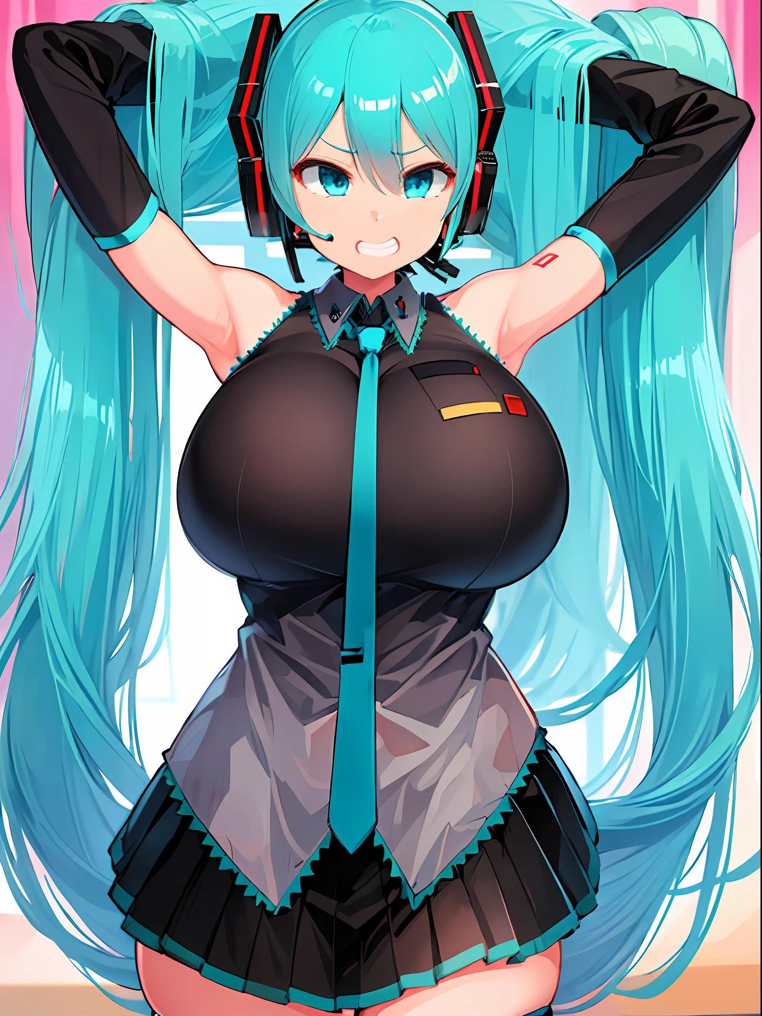 ((masterpiece:1.2)), best quality, ((extreme detail)), (official art), (ultra-detailed), anime screencap, extremely, detailed, (CG), (3d), 8k, anime, unity model, wallpaper, cowboy shot, 1girl, (solo), hatsune miku, facominn, @facominn, alternate breast size, (half-closed eyes), aqua eyes, twintails, aqua hair, aqua necktie, black skirt, miniskirt, pleated skirt, black thighhighs, black sleeves, detached sleeves, (((huge breasts))), sleeveless shirt, open mouth, looking at viewer, (grin), (tight clothes), (gray blouse), (thick thighs), ((wide hips)), (wrinkles in clothes),