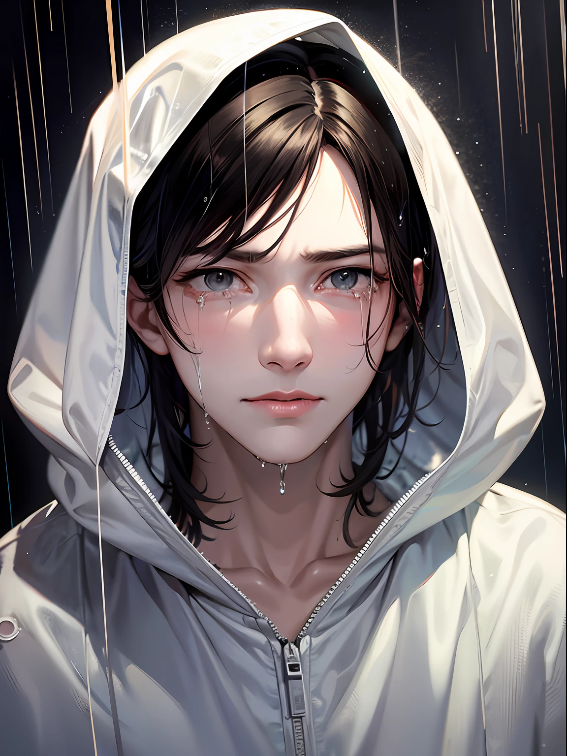 a teenager male, cry for love, on the top of the building, heavy rain drop down, wet clothes, wet hair, clear face, lonely, tearing up, eye reflection, streaming tears, tears, ray tracing, reflection light, chiaroscuro, cinematic lighting, close-up, masterpiece, best quality, high details, highres, ccurate, textured skin, high quality, UHD, HD