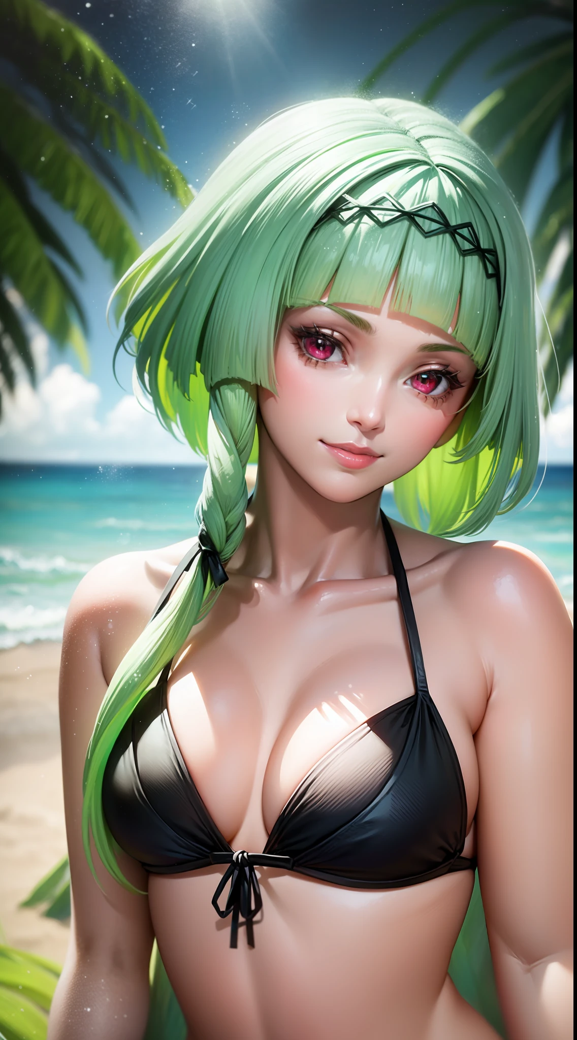 (ringo),beautiful,masterpiece, best quality, extremely detailed face,perfect lighting,smile, side-tie bikini,(sidelocks:1.1),red eyes,beach,outdoors,sunny,(1girl:1.3)