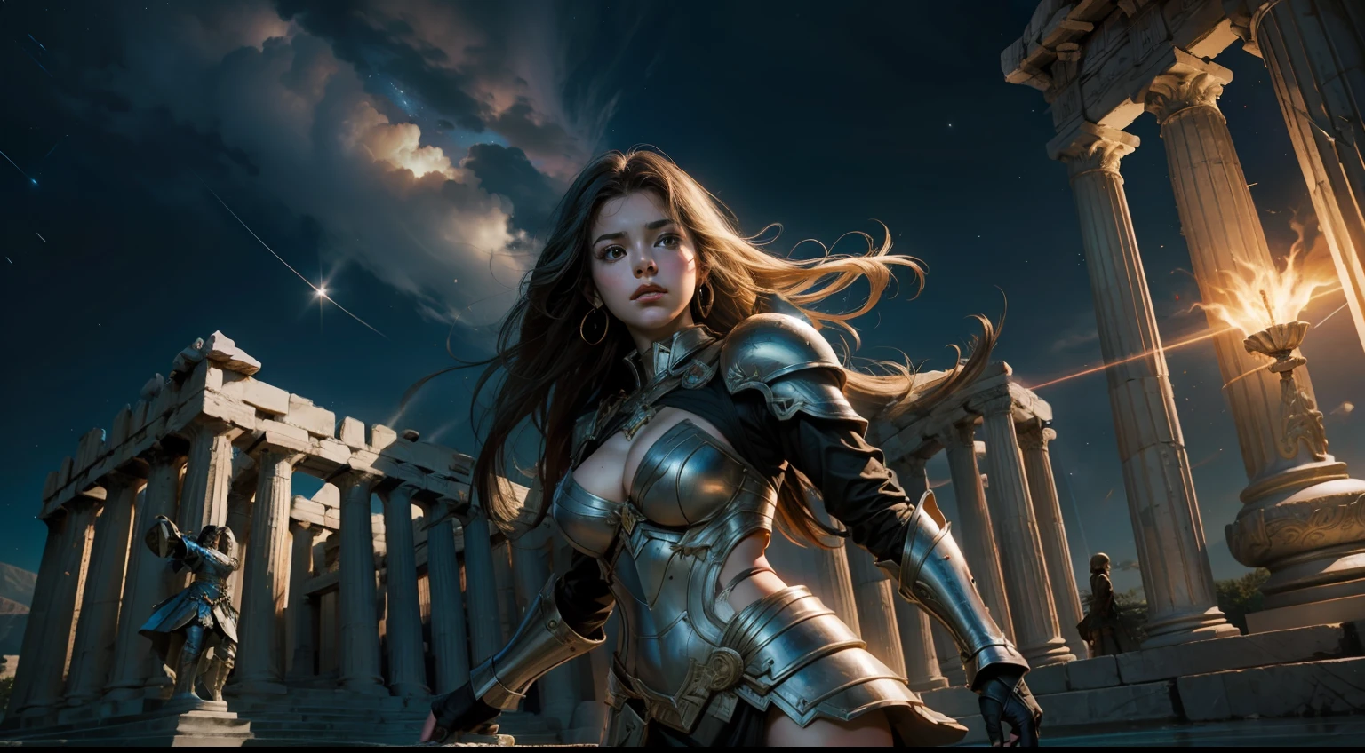 greek temple，teens girl，Large breasts，Heavy armor，dynamicposes，dramatics，A high resolution，photorealestic，best qualityer，Starcloud，galactic，magia，half-body shots