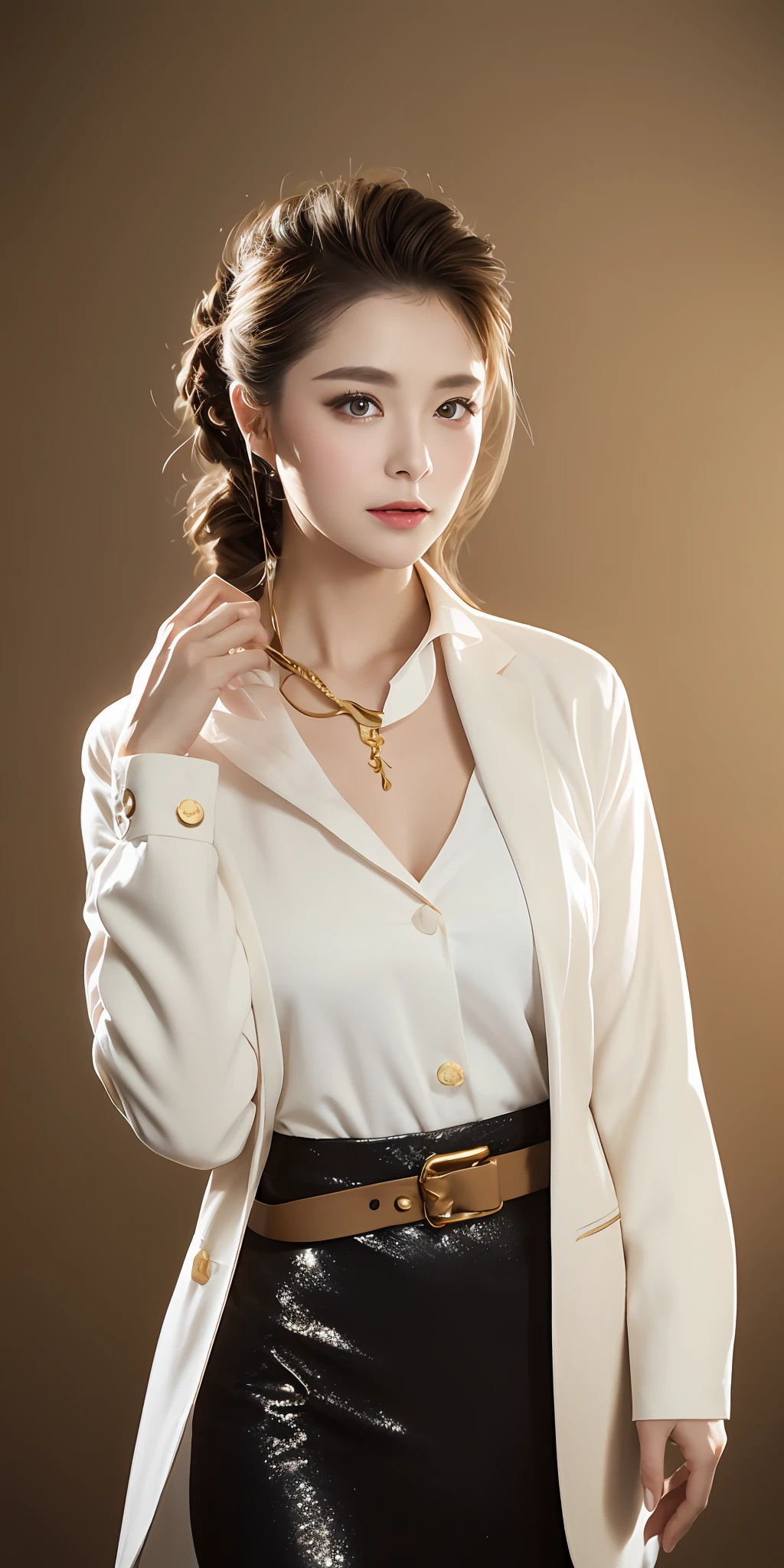 1人, Solo, Portrait of an English golden girl in a tunic white blazer dress, Gold belt，Delicate makeup， Details, Realistic, Photography, The background is blurred out, soft focus，（Medium shot:1.4）brown background，voluptuous figure