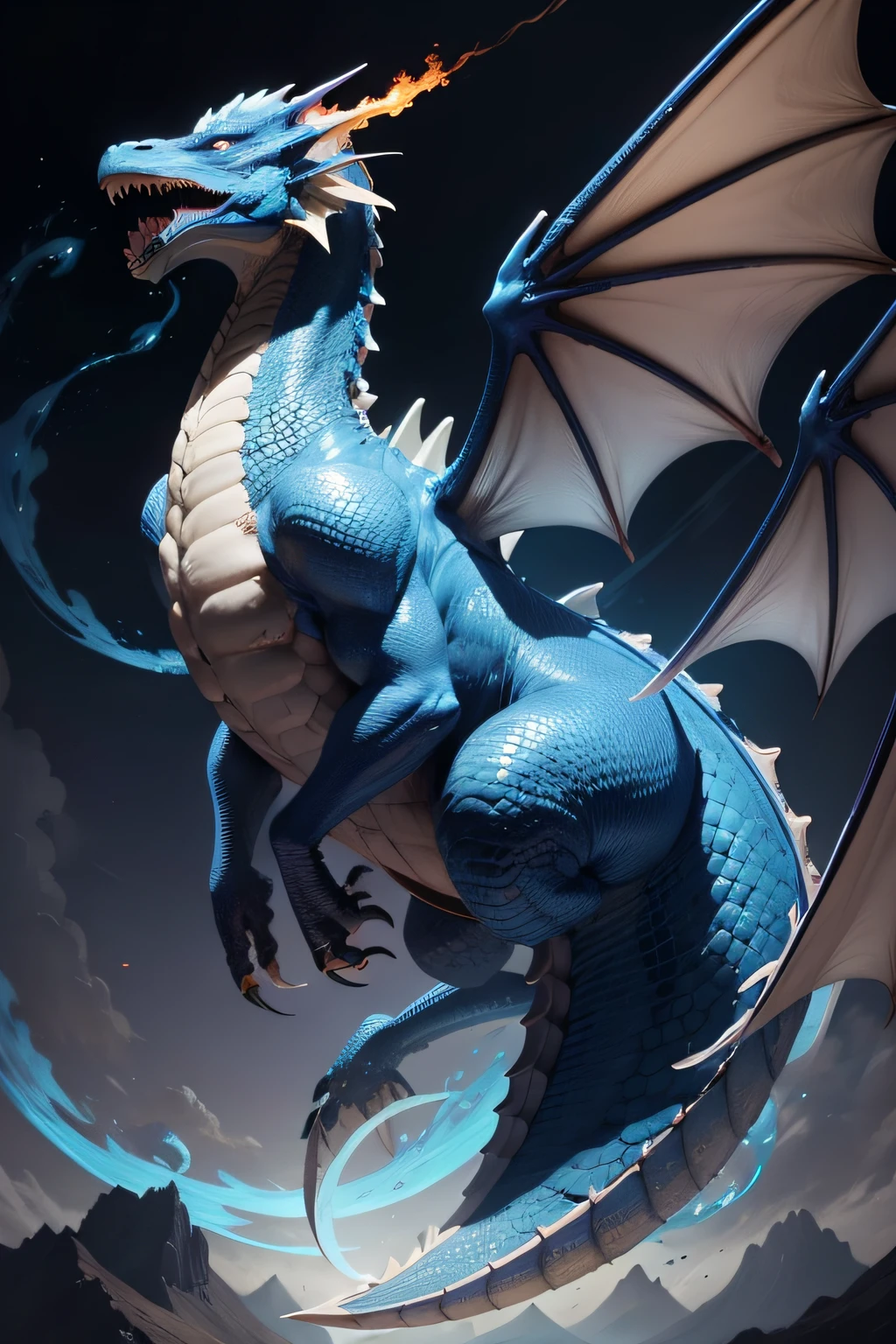 A blue-scaled dragon soaring in the sky、Fine scales、Flames coming out of the mouth、