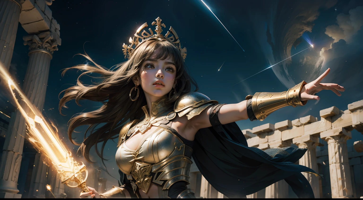 greek temple，teens girl，Large breasts，Heavy armor，Complex patterns，dynamicposes，dramatics，A high resolution，photorealestic，best qualityer，Starcloud，galactic，magia，half-body shots